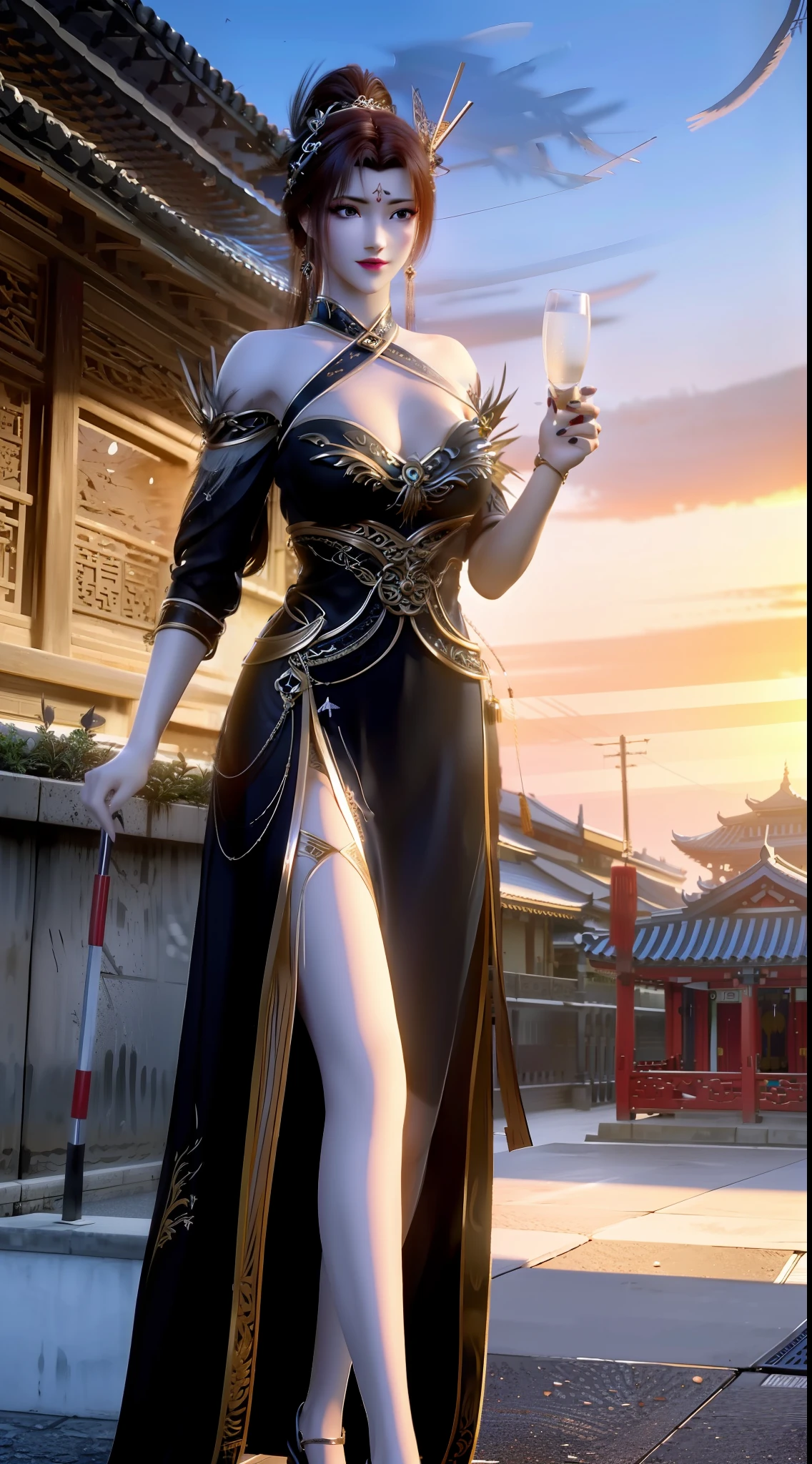 tmasterpiece,best qualtiy,offcial art,(Highest high resolution:grain),(A detailed:1.7),Kizi,Stunning appearance,Brown hair long,hair adornments,hair-bun,Big bright eyes,lipsticks,perfect bodies,Wearing a dress,Bare shoulders,Open abdomen,Show long legs,(huge tit:D-cups),3D,delicated,Above the legs,softlighting,best illuminate,独奏,Xianxia,fanciful,Chinese style buildings