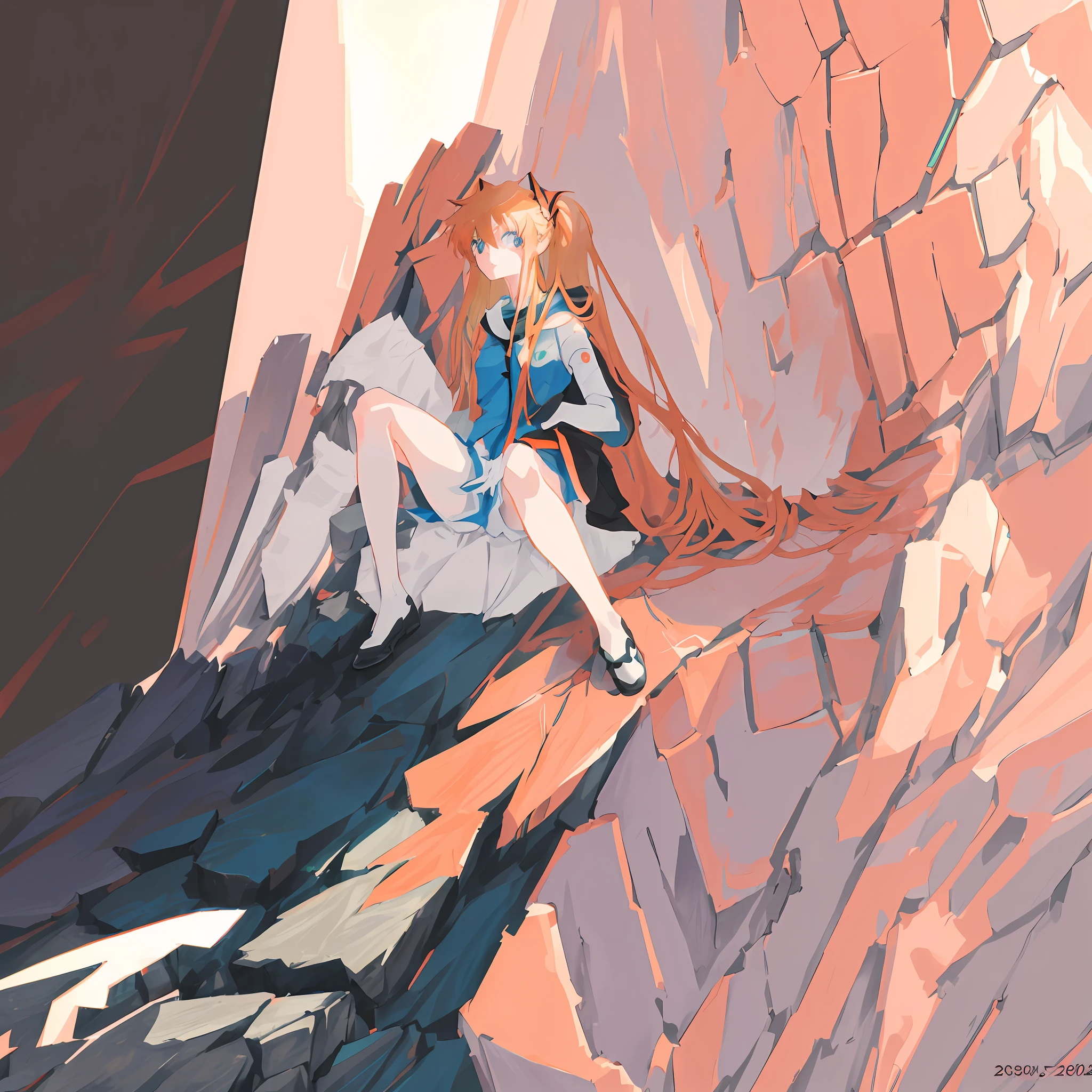 Anime girl sitting on rock，In the background is a giant robot, Two, offcial art, Official artwork, asuka langley sohryu, An anime cover, asuka langley, Asuka Langley Soryu, portrait of asuka langley soryu, asuka langley souryuu, ( Evangelion ), 2022 anime style, 2 0 2 2 anime style