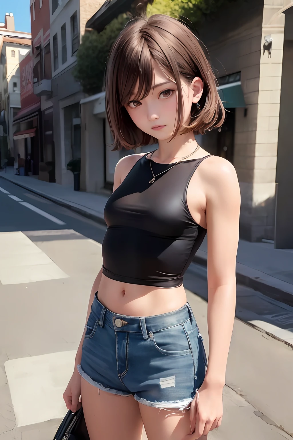 ((medium breast, tomboy girls, 13 year old, small head)), daylight, sunlight, (chiseled abs : 1.1), (perfect body : 1.1), (short wavy hair : 1.2) , auburn hair, collar, chain, full body shot, crowded street, wearing black tanktop, jeans jacket, ((shorts)), (extremely detailed CG 8k wallpaper), (an extremely delicate and beautiful), (masterpiece), (best quality:1.0), (ultra highres:1.0),  beautiful lighting ,perfect lightning, realistic shadows, [highres], detailed skin, ultra-detailed