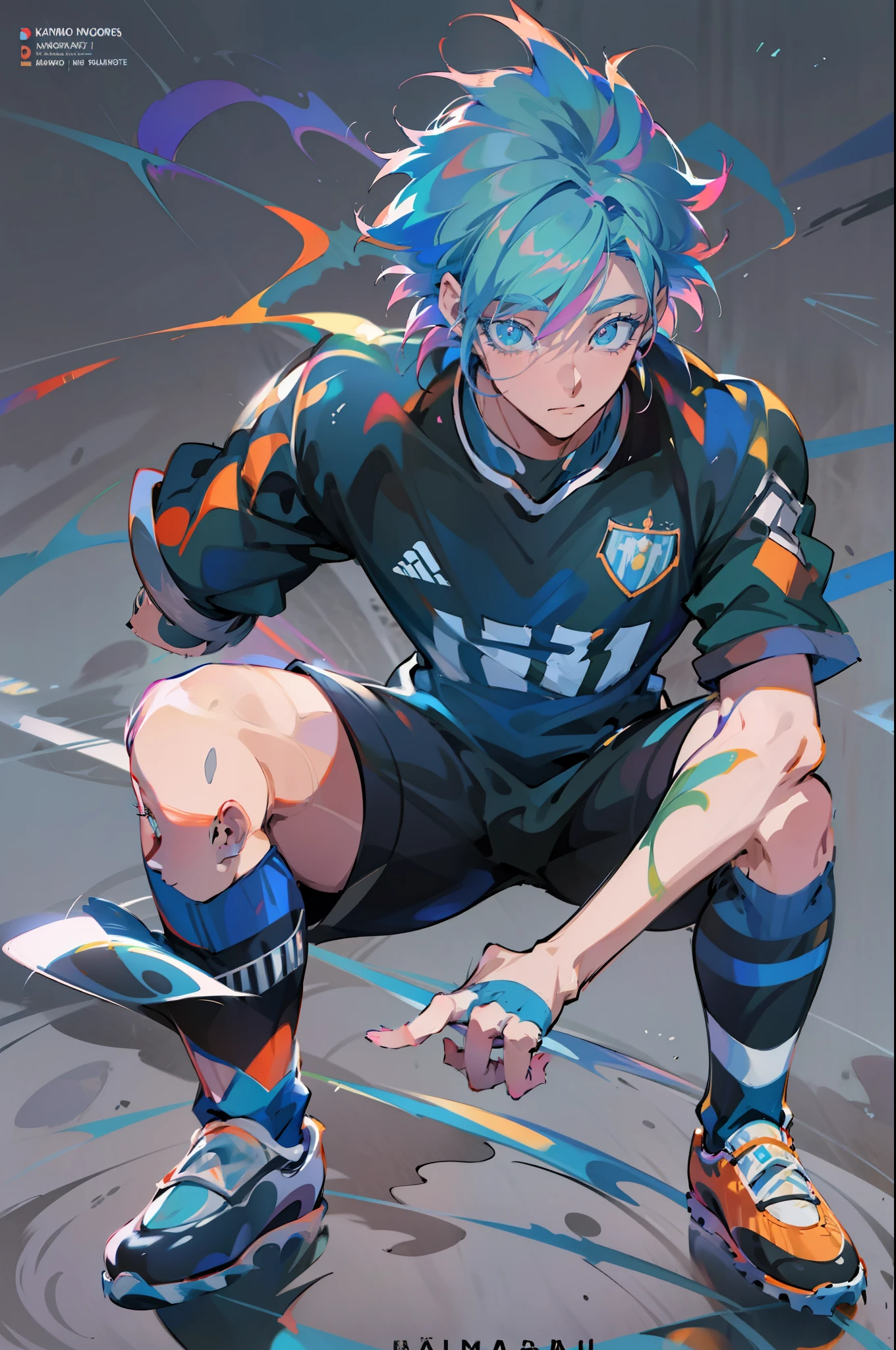 (masculino), personagem anime de um jogador de futebol com cabelo azul e um uniforme azul, Fanart oficial Behance HD, Digital anime illustration, Kentaro Miura estilo de arte, Wojtek FUS, 2d illustration, kentaro miura arte, 2d illustration, arte de anime digital detalhada, fanart requintada altamente detalhada, Concept Art Digital Illustration, Estilo de pintura digital, full art illustration, Diamante, cabelos multicoloridos, olhos multicoloridos