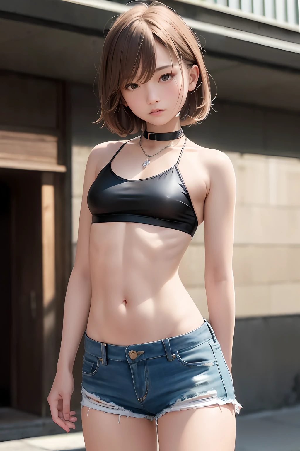 ((medium breast, tomboy girls, , small head)), daylight, sunlight, (chiseled abs : 1.1), (perfect body : 1.1), (short wavy hair : 1.2) , auburn hair, collar, chain, full body shot, crowded street, wearing black tanktop, jeans jacket, ((shorts)), (extremely detailed CG 8k wallpaper), (an extremely delicate and beautiful), (masterpiece), (best quality:1.0), (ultra highres:1.0),  beautiful lighting ,perfect lightning, realistic shadows, [highres], detailed skin, ultra-detailed