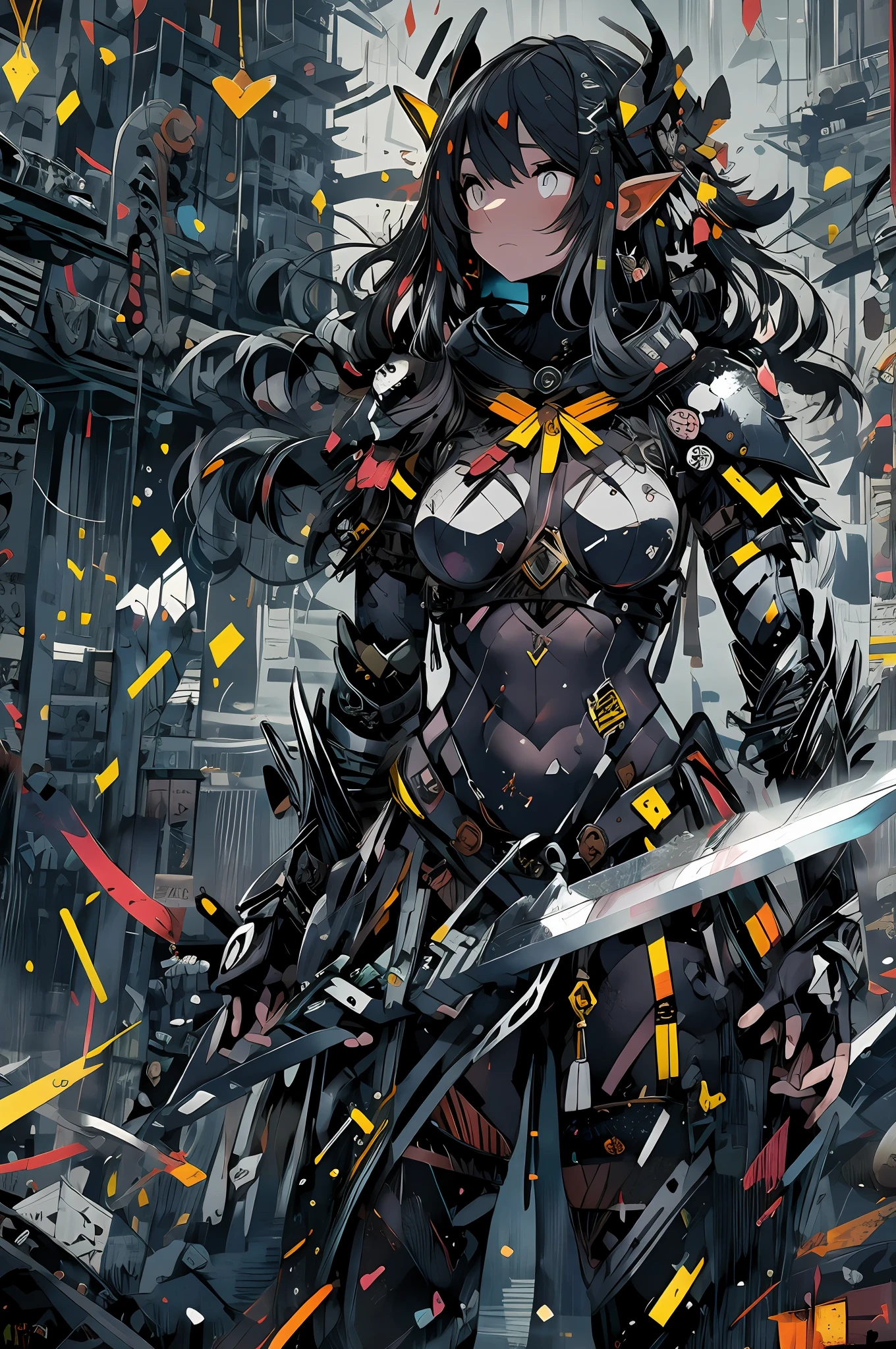 ​masterpiece, top-quality, hightquality, abyssal, awardwinning photo, depth of fields, nffsw, ighly detailed, trending on artstationh, Trending in CGSighbour, Convoluted, high detailing,This illustration is、It is a fantasy scene that emphasizes weight and strength.。Female warrior in black armor、Stand with a very large sword in each hand。Her armor is、Covered with thick and heavy steel plates、You can feel its weight and dignity.。The design of the armor is、Attention to detail、Carved patterns and reliefs exist、It symbolizes her pride and determination as a warrior。

Her expression was、Firm determination.、There is a mysterious glow in the eyes, As if staring into the distance。Her gaze is、It shows its inner strength and determination.、You can feel the fighting spirit hidden in her chest。

The surroundings include、Turbulent powder々It became glass、Sound and spectacle further accentuate the majestic atmosphere.。Steel armor and powder々The contrast of the glass that became、Symbolizes the trials of the female warrior's past and her indomitable will。

This illustration is、Through the figure of a female warrior with strength and solidity、It depicts a message of strength and courage to overcome adversity。