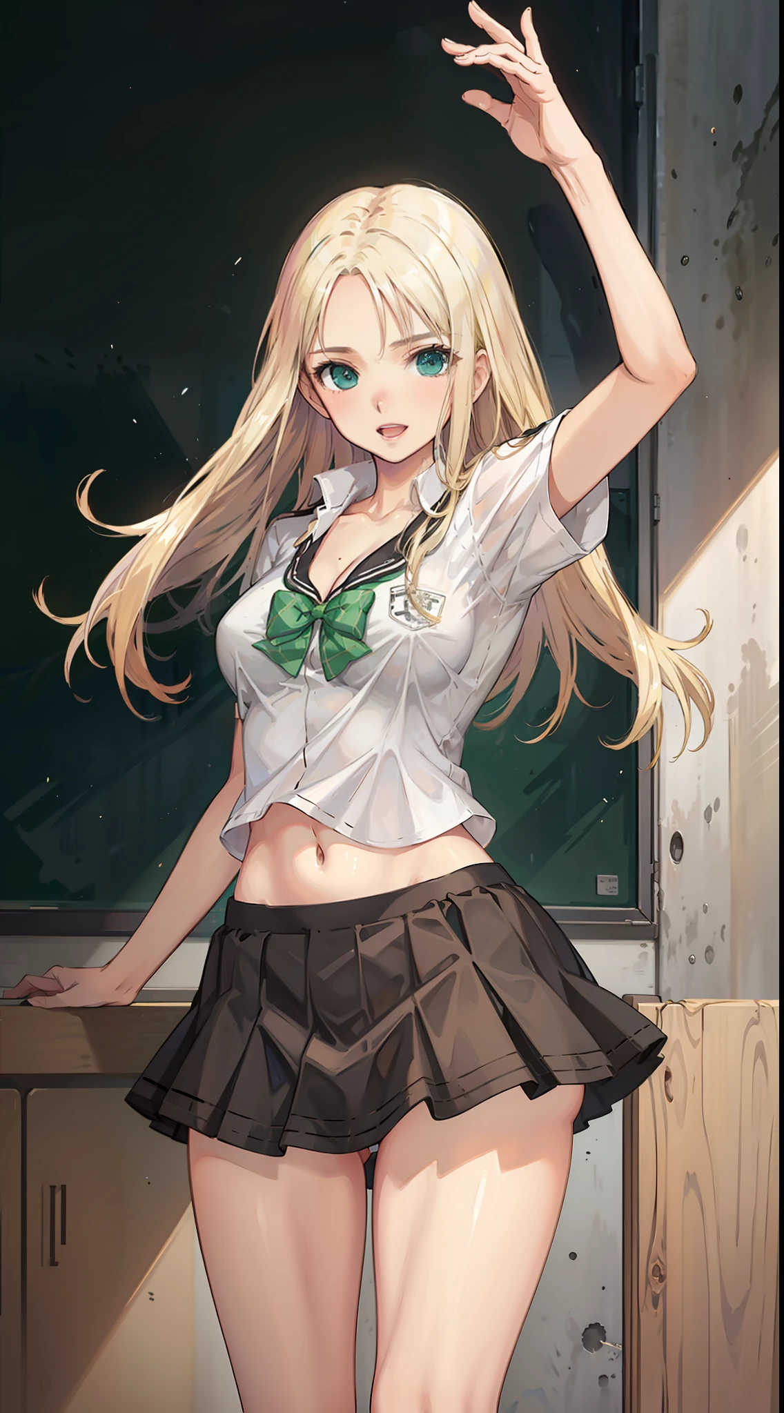 blonde hair, long hair, green eyes, happy, school uniform, short skirt, medium breast, cleavage, classroom, slim legs, navel, open clothes