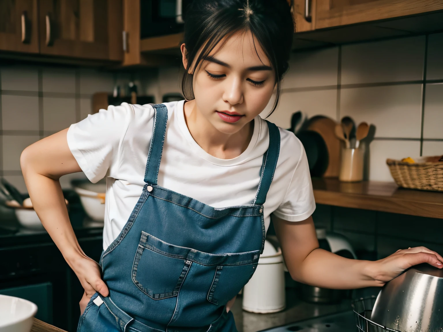 1 woman,tee shirt,denim pant,aprons,at the kitchen,In washing dishes,sface focus