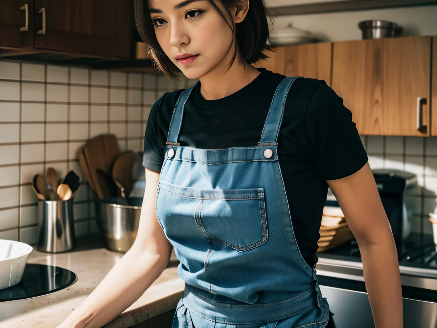 1 woman，tee shirt，denim pant，aprons，at the kitchen，In washing dishes，sface focus