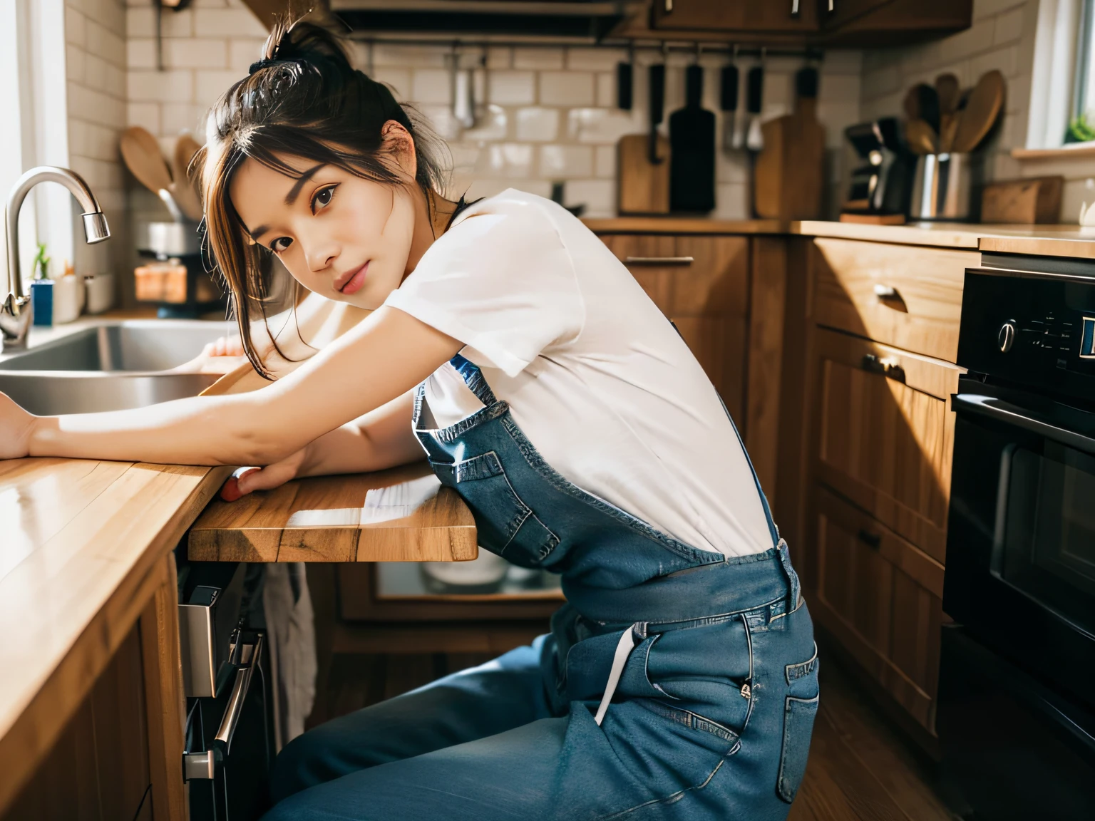 1 woman,tee shirt,denim pant,aprons,at the kitchen,In washing dishes,sface focus