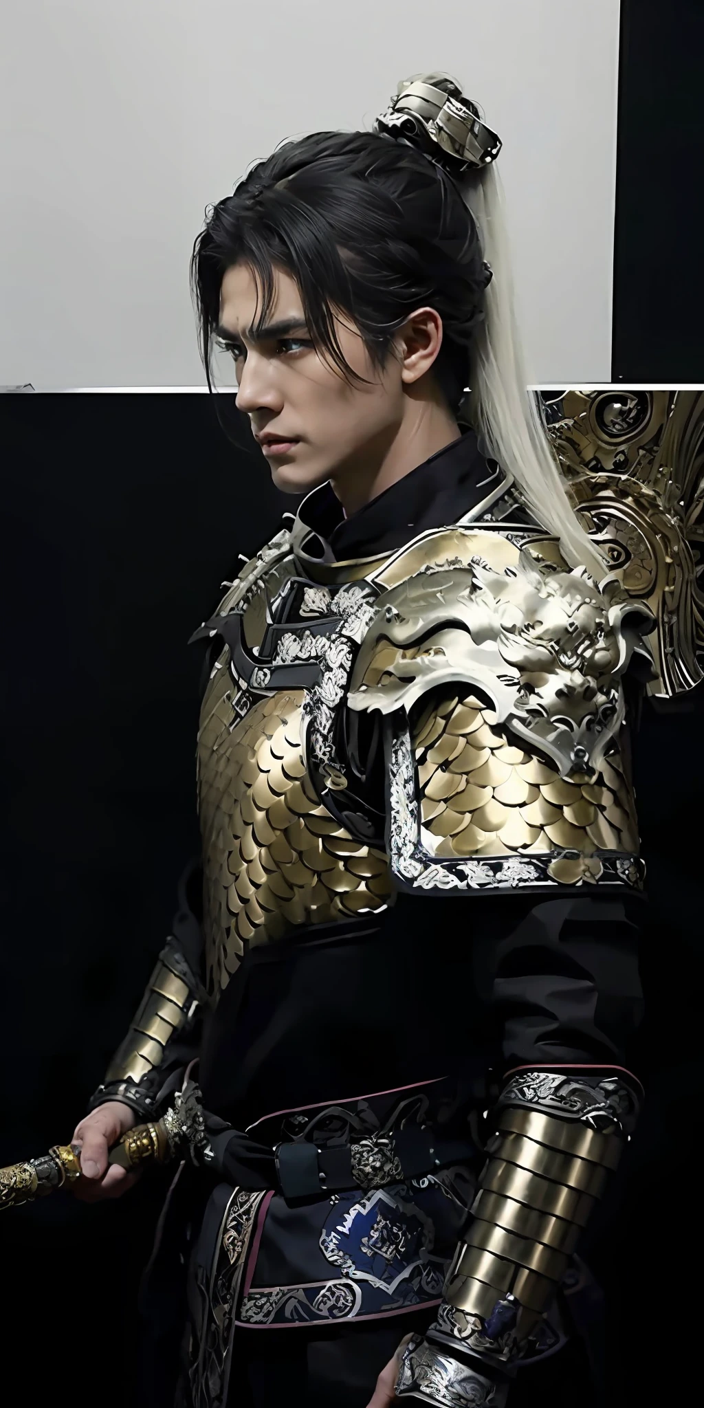 1boy，Armour，A male god，cool guy，By bangs，Black hair，Coiled hair，angry look，largeeyes，long eyelasher，Delicate facial features，Beautiful man，Silver-blue and white armor，eBlue eyes，Hair between both eyes，Jade，Inlay，looking at viewert，malefocus，wispy bangs，Complex armor，ornate armour，独奏，sword，beautiful sword，prinz，Close-up of a man in costume holding a sword, Intricate armor details, photogenic details on armor, intricate ornate armor, detailed intricate ornate armour, porcelain cyborg armor, Gorgeous cyberpunk armor, intricate detailed armour, intricate armor, wearing carved textured armor, Stunning armor, Detailed armor, fractal ceramic armor, intricate cyberpunk armor, wearing carved textured armor, Electroplated armor complex，Messy hair, Trends on ArtStation, 8K分辨率, The is very detailed, anatomically correcte, Sharp images, digitial painting, concept-art, Popular trends on pixiv, Makoto Shinkai's style,