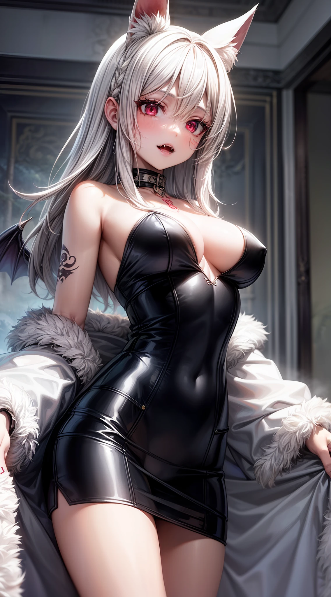 Realistic photo of a slave (cruel, tribal, Jungle)_A vampire with (white colored hair), Bat fur, bat ears, coat|wings, ((fangs)), Futuristic_extremely_Detailed_Tight_(lacy, Silk, Satin, Leather, latex, fur)_(The clothes, upskirt), Detailed Face, Detailed beautiful shiny red eyes, slit pupils, Metallic reflections, ((Tattoo, tagged)_with_Shining_Runes)_fit_muscular_body, shiny white skin, Ruins of the tropical city of Fog, 1girl, natutal breasts, Gray hair of medium length, Masterpiece, Best Quality, beautiful and aesthetic:1.2, s fractal art:1.4