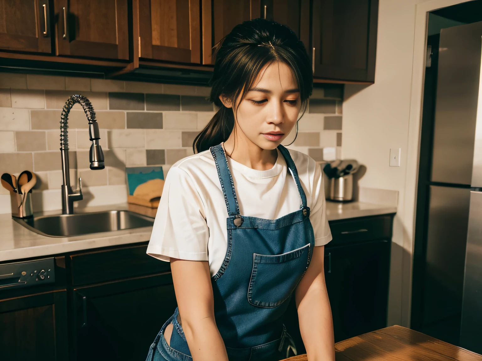 1 woman，tee shirt，denim pant，aprons，at the kitchen，In washing dishes，sface focus