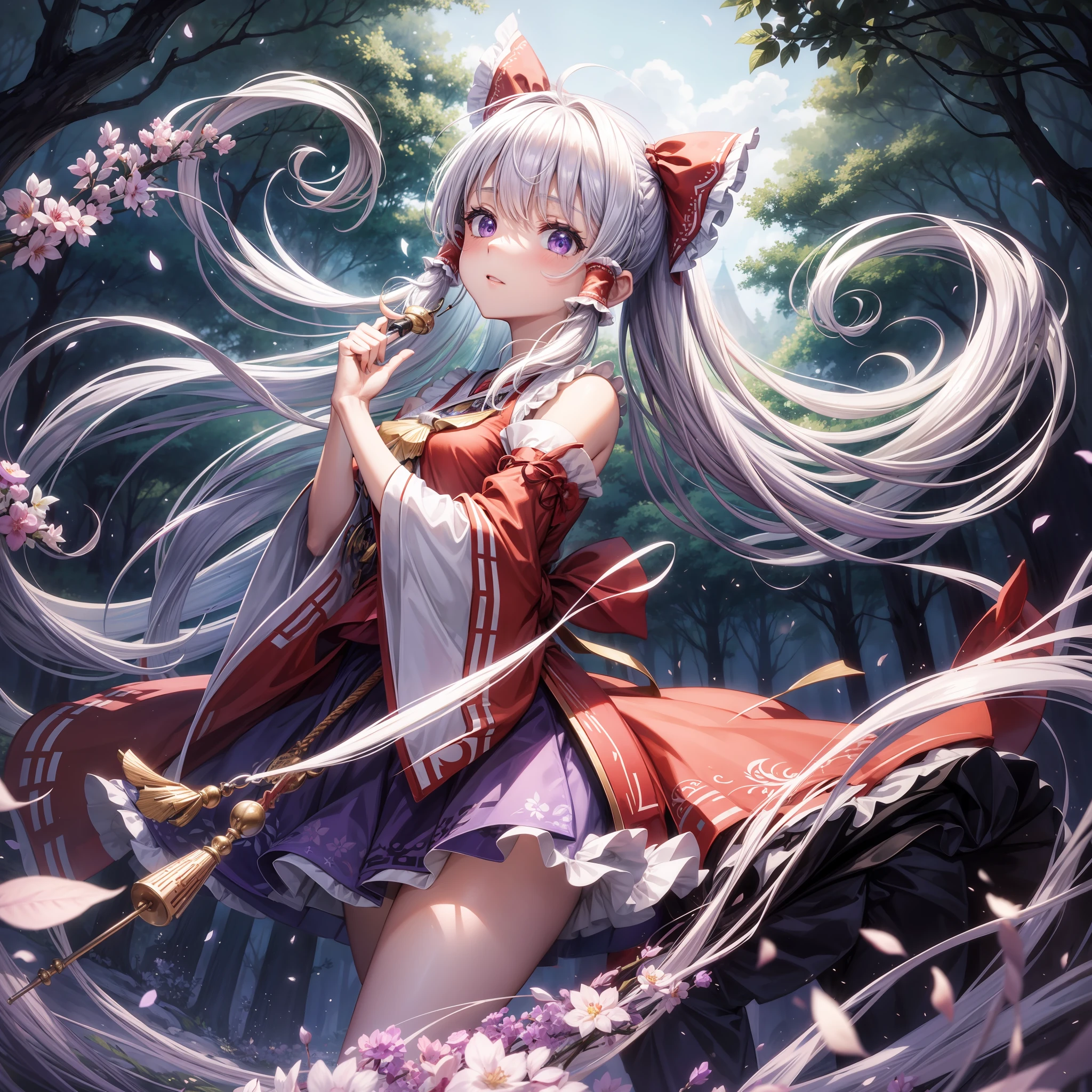 Detaillierter Hintergrund, Meisterwerk, best quality, 1girls, Hakurei Reimu, Braunes Haar, hair tubes, Haarband, braune Augen, Nicht-traditionelle Miko, A forest full of purple and white trees, Firefly, Wasser, lila Thema, white theme, mystisch, magisch,