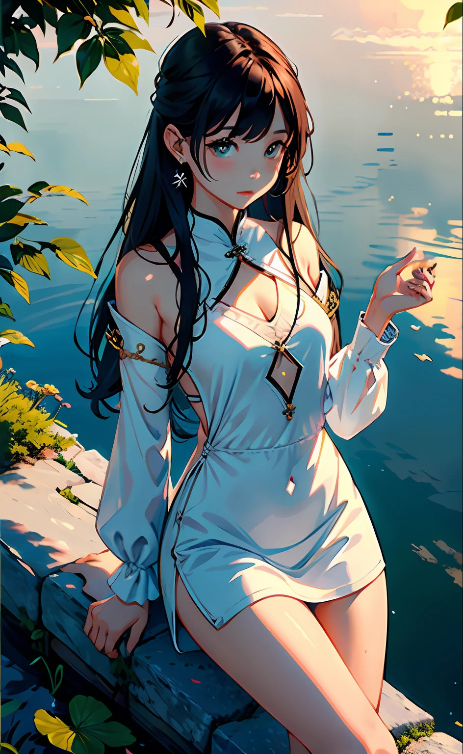 1 girl in、serene expressions、mesmerizing eyes、Fluffy long hair、long court、long boots、a miniskirt、high-heels、Supermodel-like posture、Perfect real-life skin、a little blush、Crystal Pendant BREAK Golden Hour、(Rim Lighting):1.2、Warm tones、Solar flares、Soft shadows、vivd colour、Pictorial effects、Dreamy atmosphere BREAK Scenic lake、mountain in the distance々、willow trees、calm water、Reflectors、sunlit clouds、peaceful ambiance、idyllic sunset、ultra-detailliert、Official Art、unity 8k wall paper、Zentangle、a Mandala
