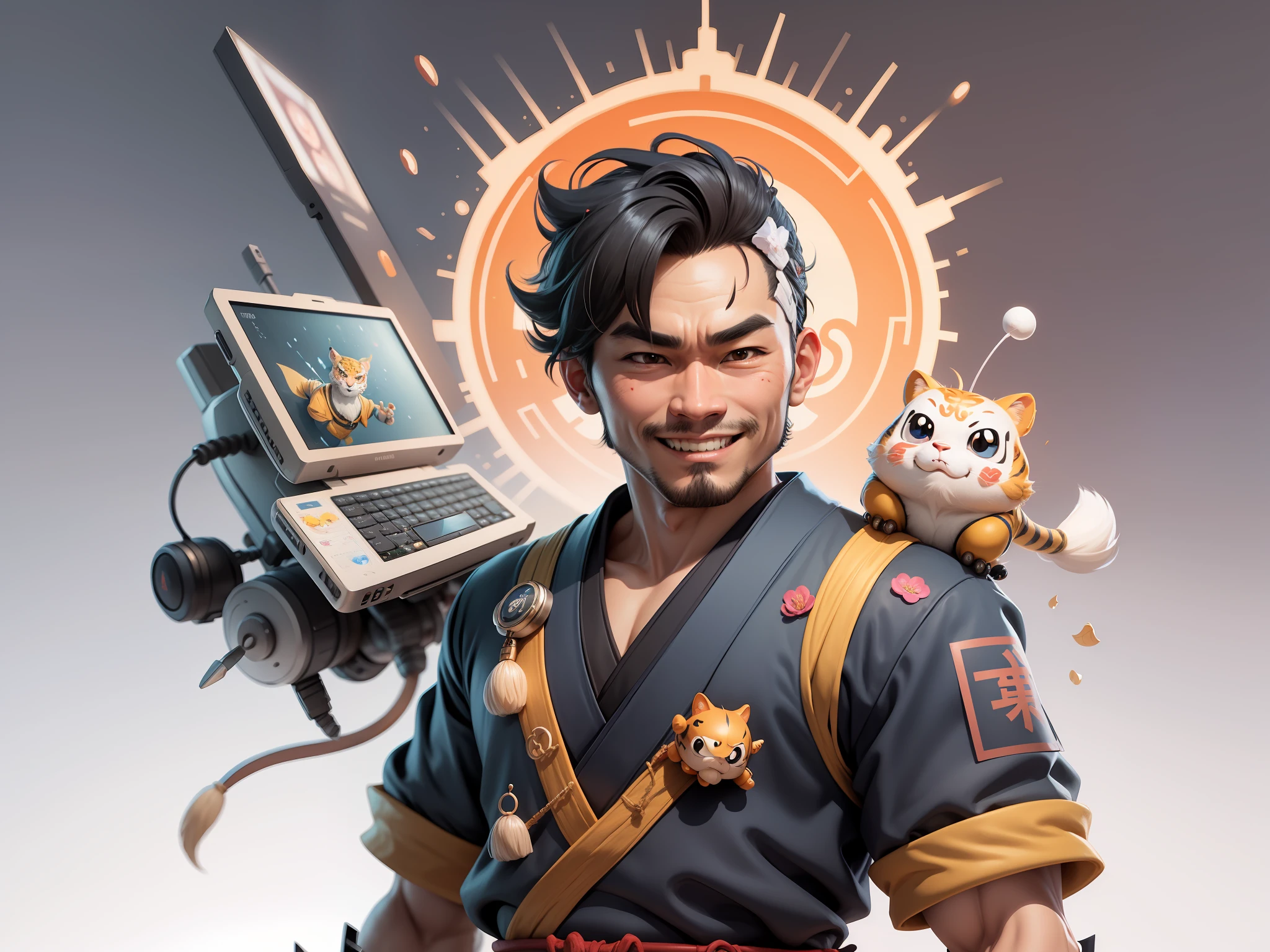 (Daisaku),(Need),(Super meticulous),(full bodyesbian:1.2),Super young man with Japanese geisha,Beautiful,orient,one tiger,Aeolian Thor,Raised sexy,爆乳,Oriental face,TV Anchor,Bust portrait illustration,In black suit,a blue tie,The face is slightly chubby,The face was clean,without a beard,Black super short hair,Black eyes,Smile confidently,3C computer sub-products,iPad, iphone,Digital painting,3D character design by Mark Clairen and Pixar and Hayao Miyazaki and Akira Toriyama,The illustration is a high-definition illustration in 4K resolution,With very detailed facial features and cartoon-style visuals。