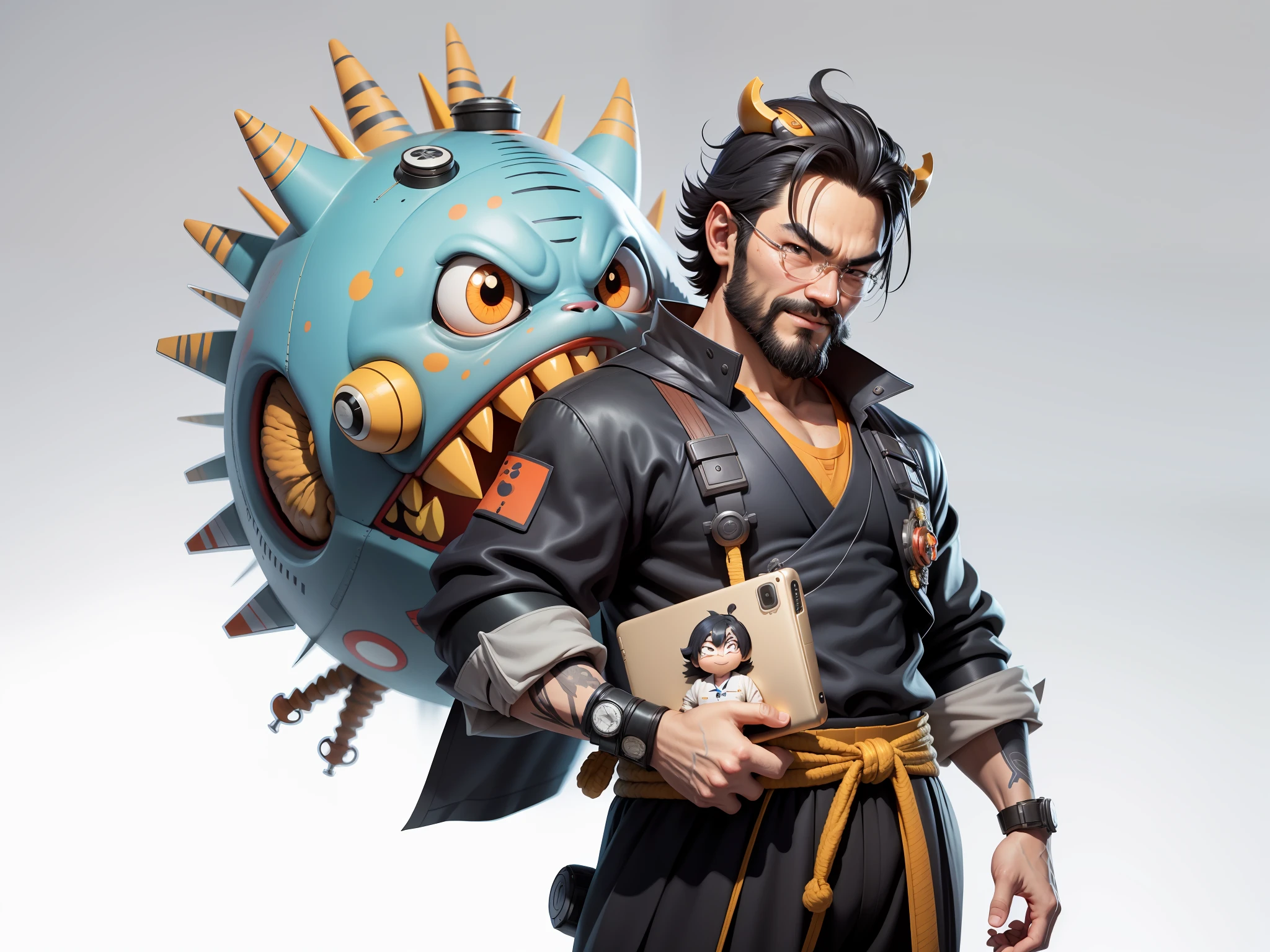 (Daisaku),(Need),(Super meticulous),(full bodyesbian:1.2),Super young man with Japanese geisha,Beautiful,orient,one tiger,Aeolian Thor,Raised sexy,爆乳,Oriental face,TV Anchor,Bust portrait illustration,In black suit,a blue tie,The face is slightly chubby,The face was clean,without a beard,Black super short hair,Black eyes,Smile confidently,3C computer sub-products,iPad, iphone,Digital painting,3D character design by Mark Clairen and Pixar and Hayao Miyazaki and Akira Toriyama,The illustration is a high-definition illustration in 4K resolution,With very detailed facial features and cartoon-style visuals。