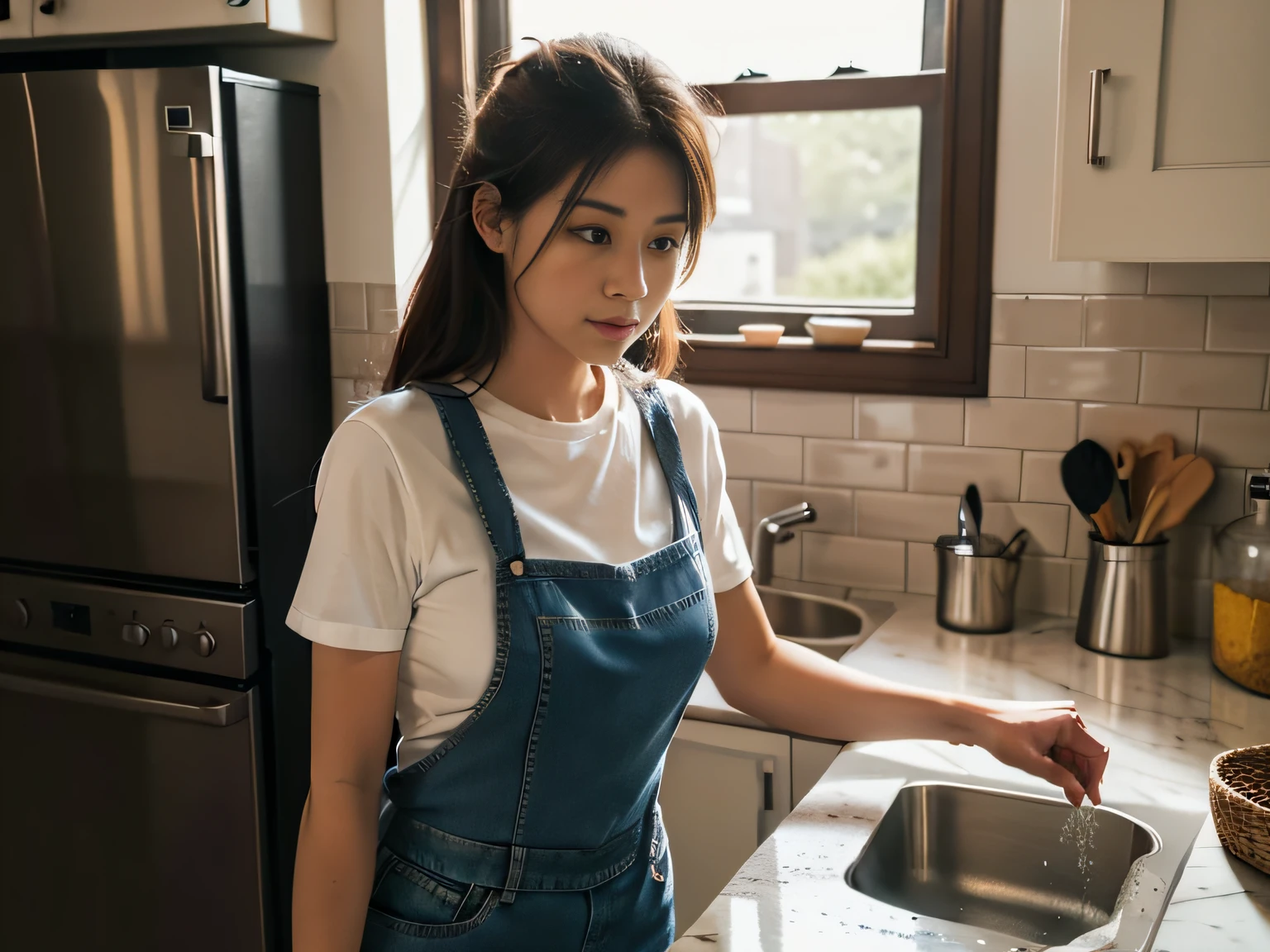 1 woman，tee shirt，denim pant，aprons，at the kitchen，In washing dishes，sface focus