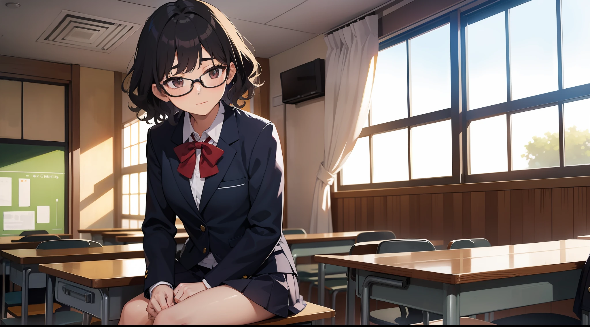Teenage boy with very curly hair wearing rectangular glasses and japanese school uniform blazer looking sweetly as if he's inlove with a teenage girl who has bangs and short hair and wearing japanese uniform blazer in the school classroom sitting