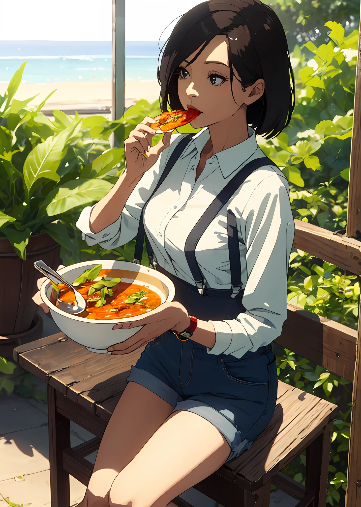 Beautiful women wear suspenders in the summer to eat spicy hot