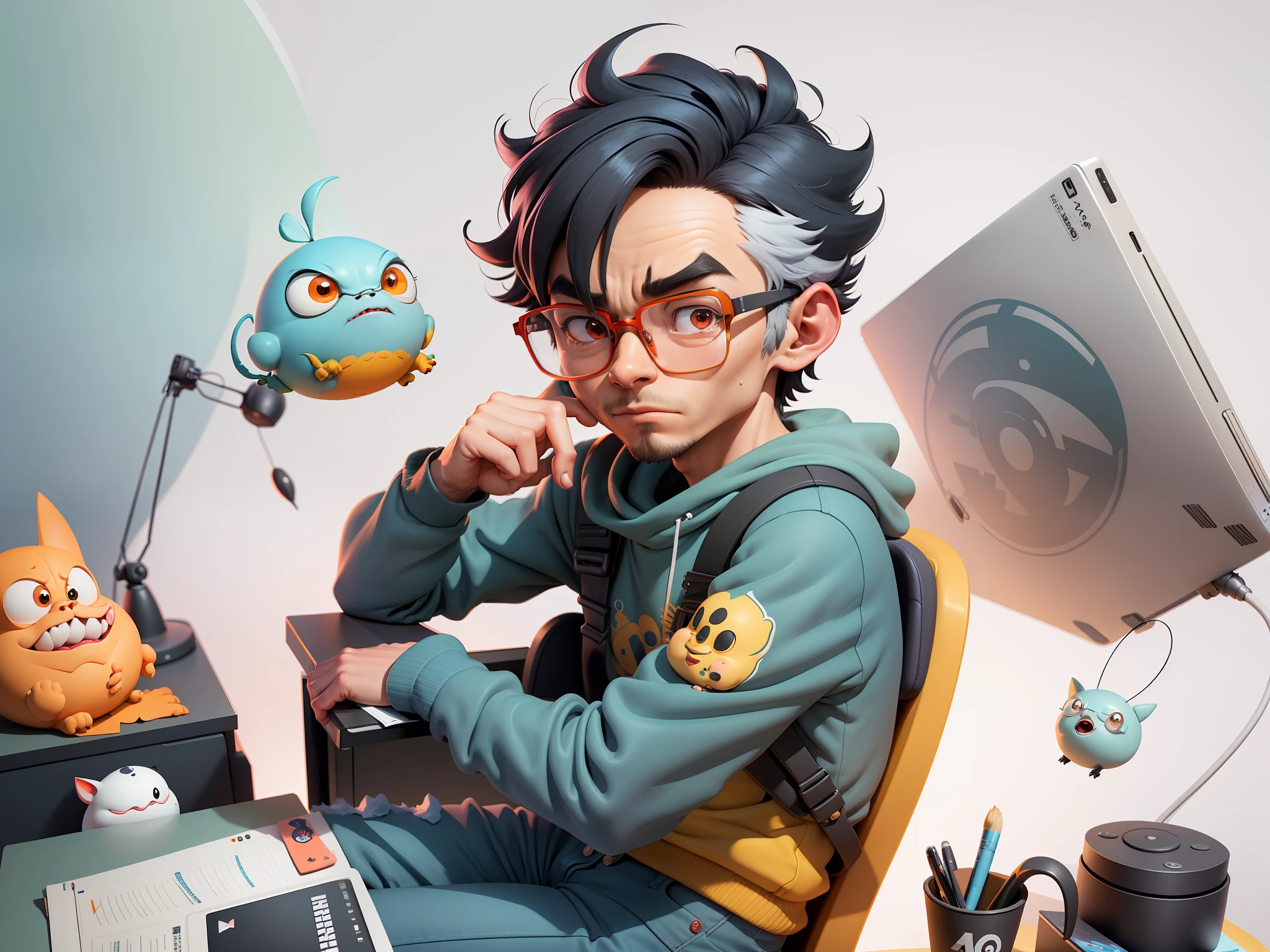 A young man with glasses sits at his desk，holding laptop，digitial painting，3D character design by Mark Clairen and Pixar and Hayao Miyazaki and Akira Toriyama，4K HD illustration，Very detailed facial features and cartoon-style visuals。