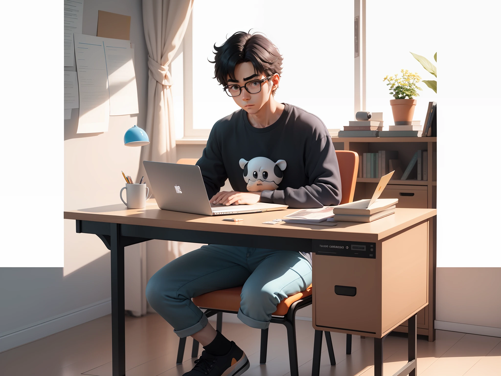 A young man with glasses sits at his desk,holding laptop,digitial painting,3D character design by Mark Clairen and Pixar and Hayao Miyazaki and Akira Toriyama,4K HD illustration,Very detailed facial features and cartoon-style visuals。