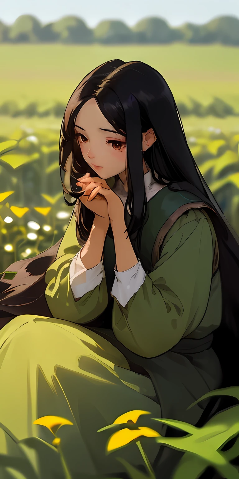uma mulher sentada em um campo de flores com uma mochila, Arte no estilo de Guweiz, Menina anime com cabelo longo, Guweiz, Artgerm e Atey Ghailan, Guweiz em Pixiv ArtStation, pintado em anime painter studio, Guweiz em ArtStation Pixiv, feito com anime painter studio, menina anime girassol bonita