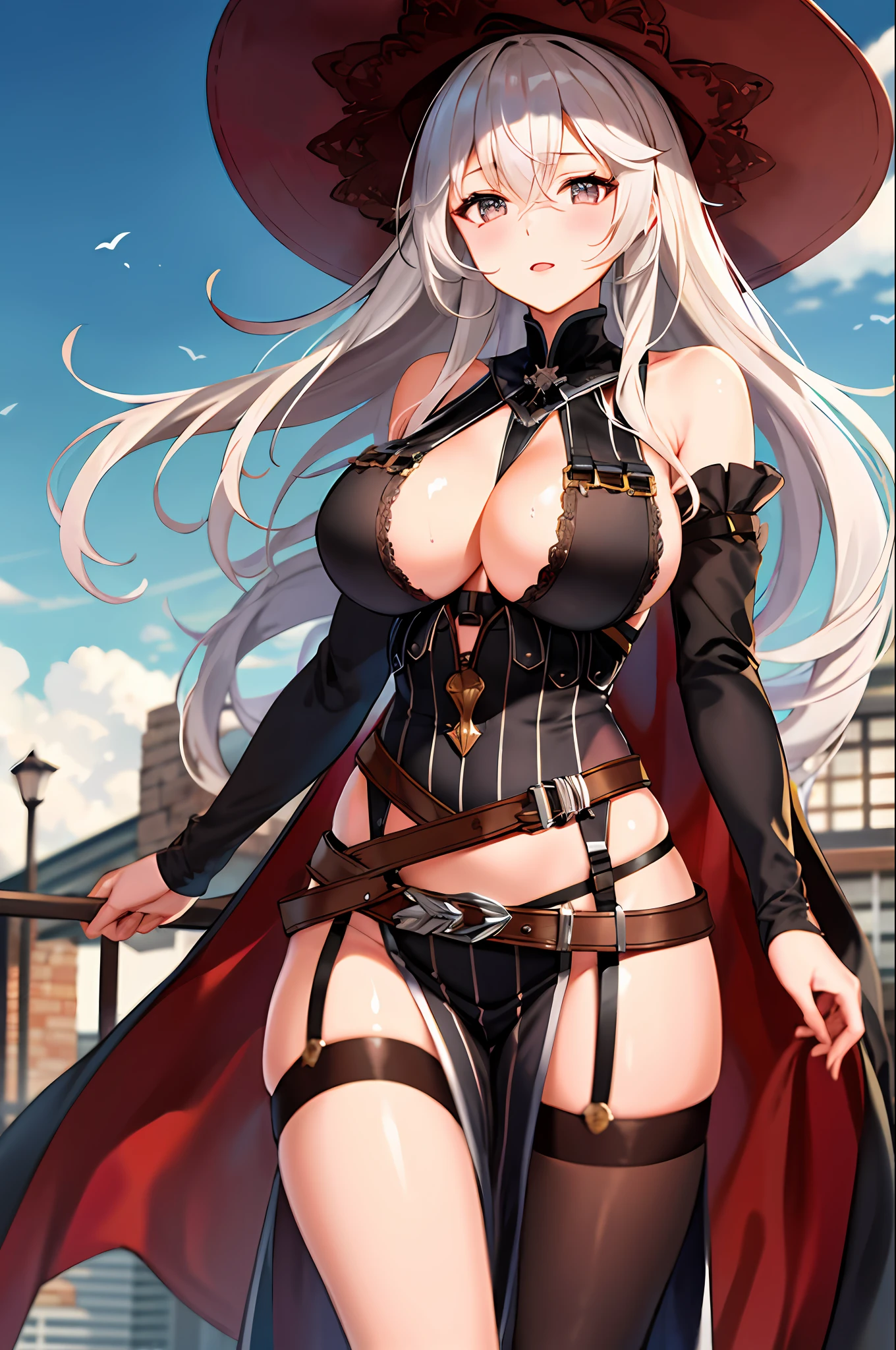 Masterpiece, Best quality, A high resolution, 1girll, Solo, Witch hat, Long hair, Large breasts, Detached sleeves, a garter belt, Side Chest, The chest is transparent,The body is wet,hair between eye, Bare shoulders, black thighhigns, belt, whaite hair, dress, Pelvic curtain, side split, vertical stripes walking, Town, Cowboy shot
