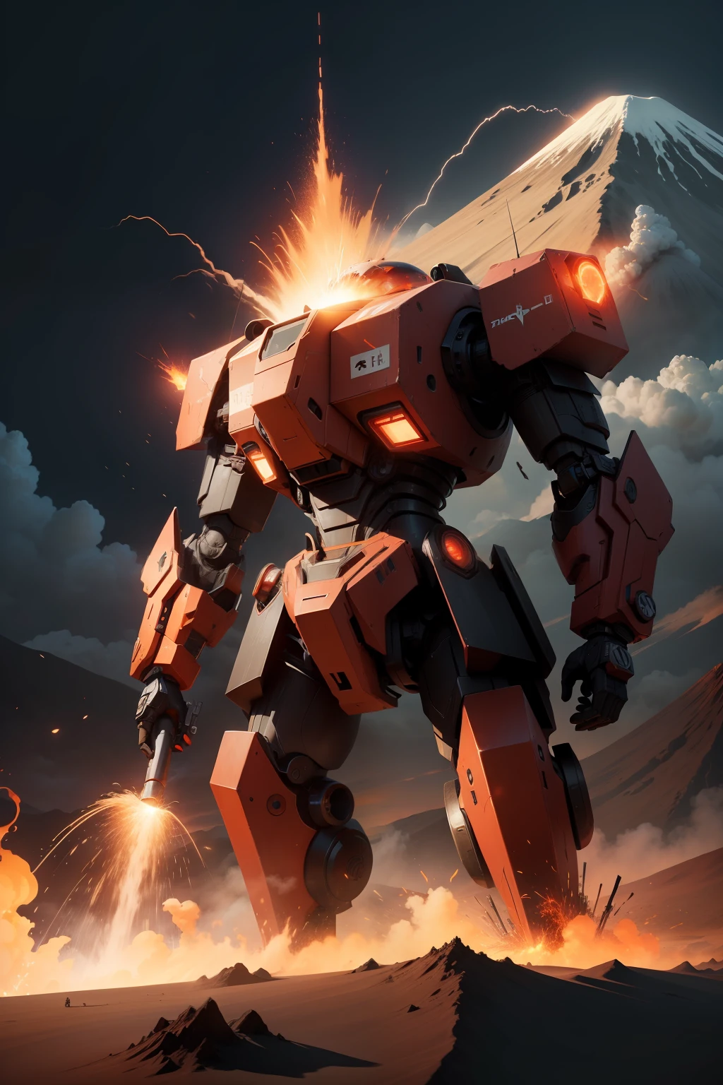 Cool mech，volcano exploding，minimalistic background。