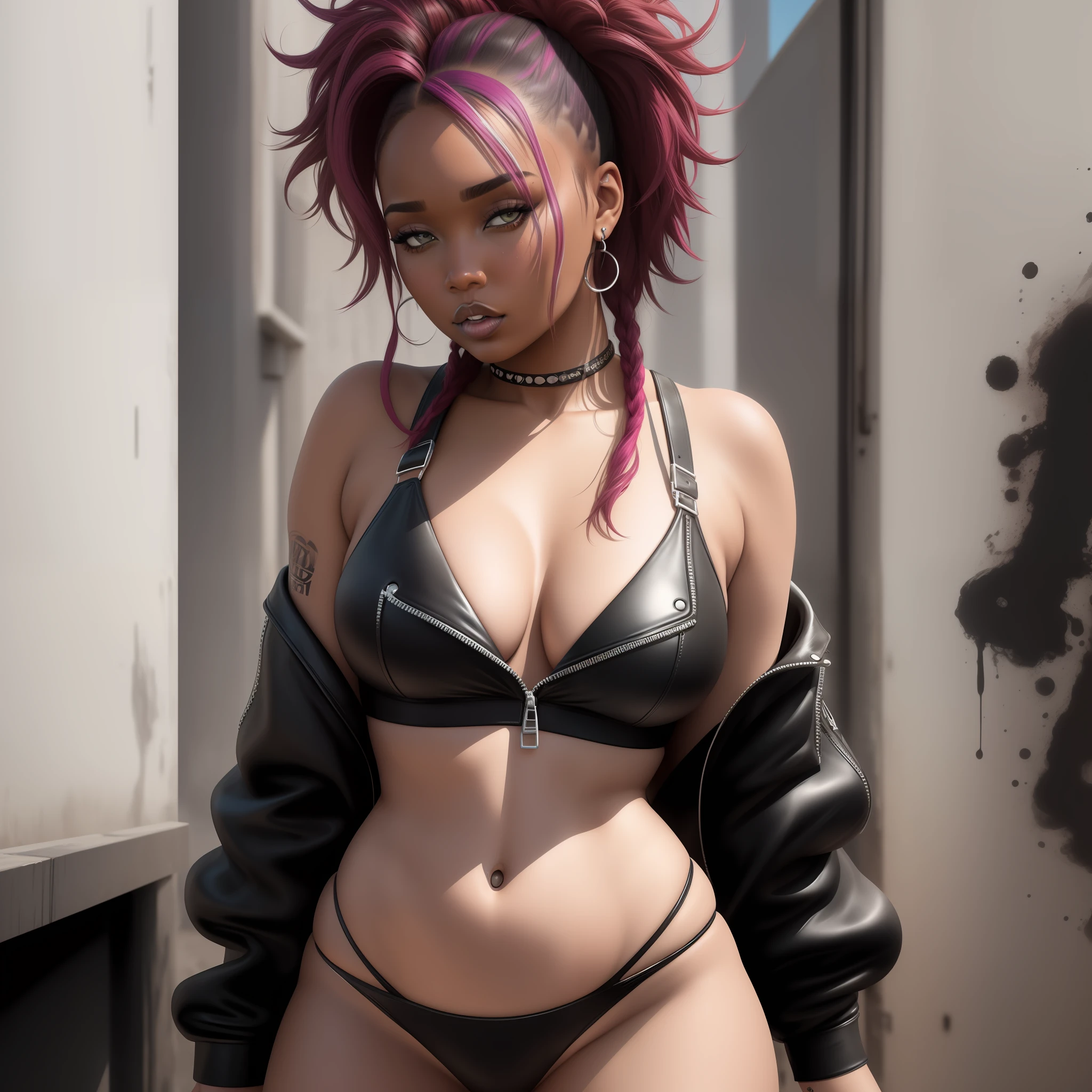 Lizzo as street punk in leather bikini,High definition, Photo detailed, specified, Avant - Garde, High definition, Photo detailed, micro realism splash art effect
