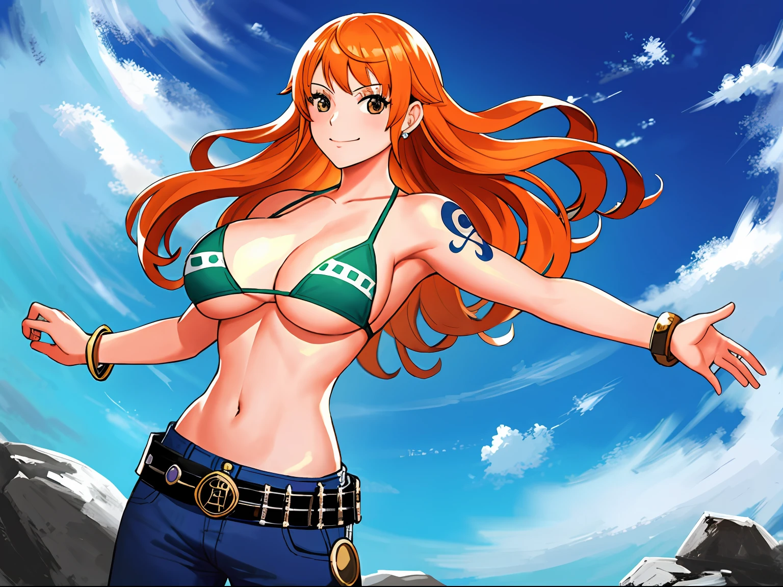 detailed background, masterpiece, best quality, 1girl, solo, nami \(one piece\), 1girl, bangle, detailed arms, fists, muscular body, seductive, wrestling entrance, bangs, bare shoulders, belt, bikini, bikini top only, blue sky, bracelet, breasts, brown eyes, bubble, cleavage, cloud, cowboy shot, day, denim, earrings, floating hair, green belt, green bikini, groin, jeans, jewelry, large breasts, log pose, long hair, looking at viewer, navel, orange hair, pants, shoulder tattoo, sidelocks, sky, smile, solo, standing, stomach, swimsuit, tattoo , looking at viewer, fight pose