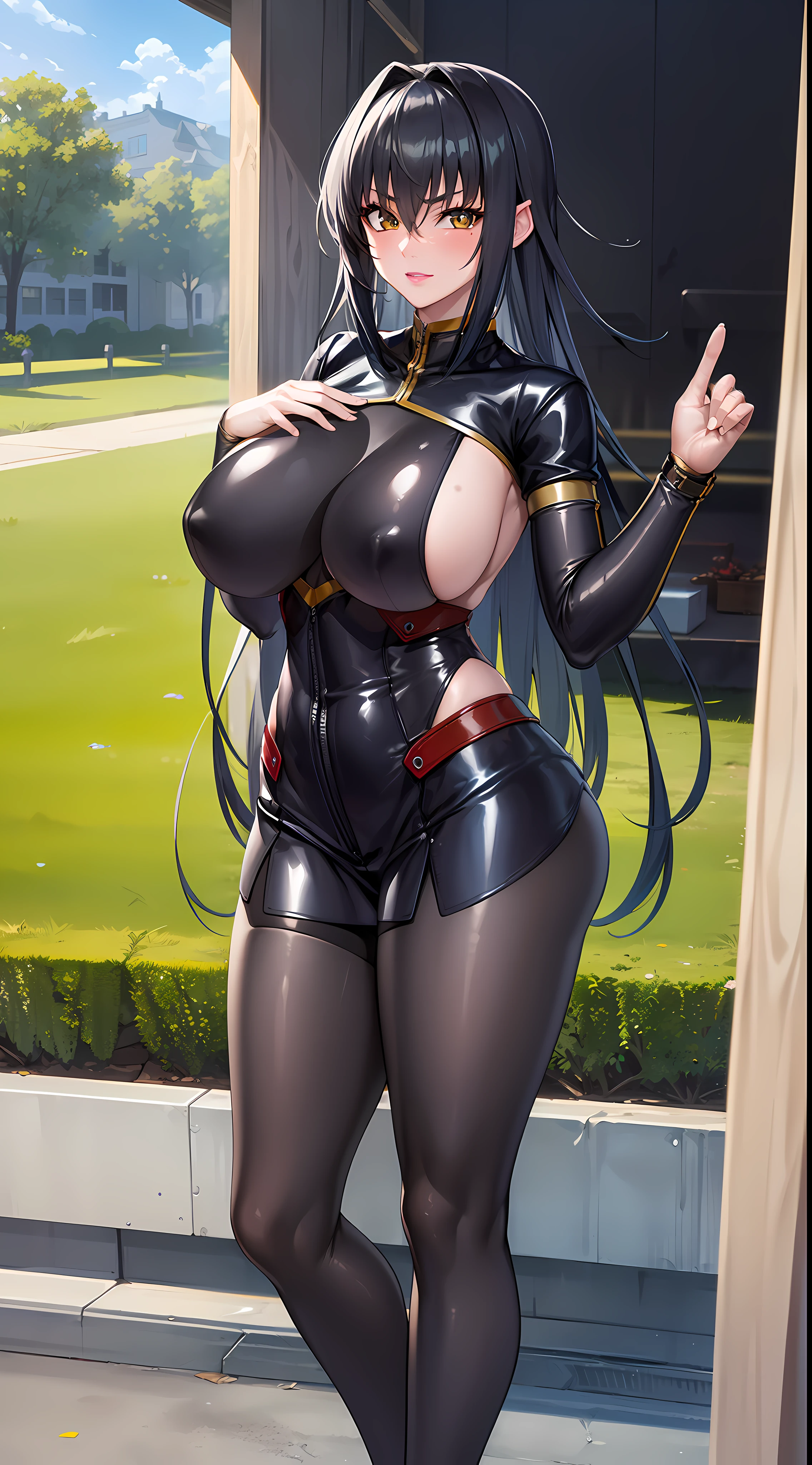 professional artwork, Intricate Details, field of view, sharp focus, detailed painting, photorealistic lighting, trending on pixiv, Standing at attention, black outfit ,yellow collared shirt,black and red bodysuit,skin_tight,black legwear, black pantyhose, Side_boob, black hair,very long hair, Bangs,yellow eyes,makeup, lipstick, 20yo,mature female,Beautiful Finger,Beautiful long legs,Beautiful body,Beautiful Nose,Beautiful character design, perfect eyes, perfect face, looking at viewer,official art,extremely detailed CG unreal engine 8k wallpaper, perfect lighting,Colorful, Bright_Front_face_Lighting, (masterpiece:1.0),(best_quality:1.0), ultra high res,4K,ultra-detailed, photography, 8K, HDR, highres, absurdres:1.2, Kodak portra 400, film grain, blurry background, (Beautiful,large_Breasts:1.4), (beautiful_face:1.5),(narrow_waist), (solo:1.4), ((landscape dimension)), rich detailed makeup, rich detailed eyeshadow, rich detailed lips, rich detailed lipstick, beautiful detail eyes