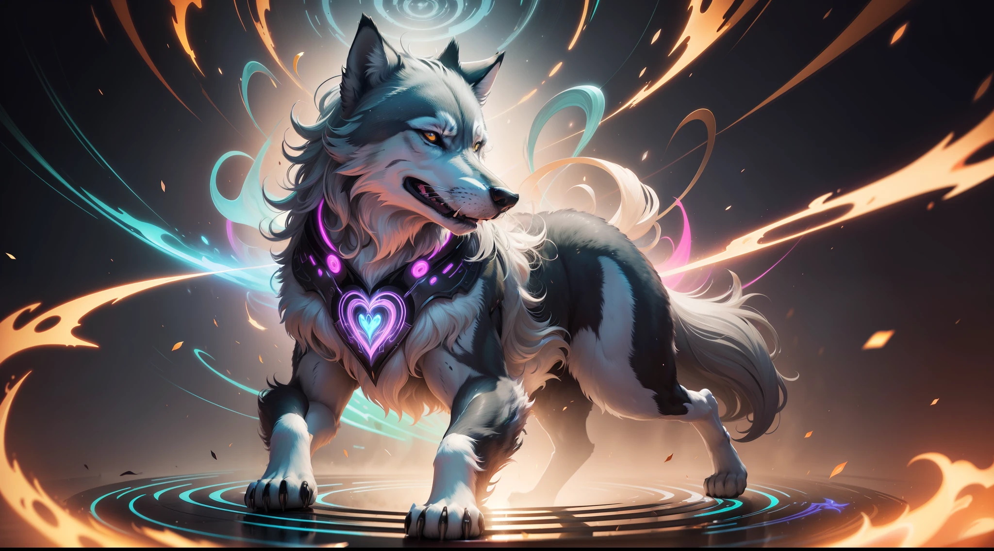 swirling vortexes, a gray wolf, grace, dignified, integrity, holiness, brave heart, neon gradation lighting, professional art work, ultra quality, graphic novel illustration,