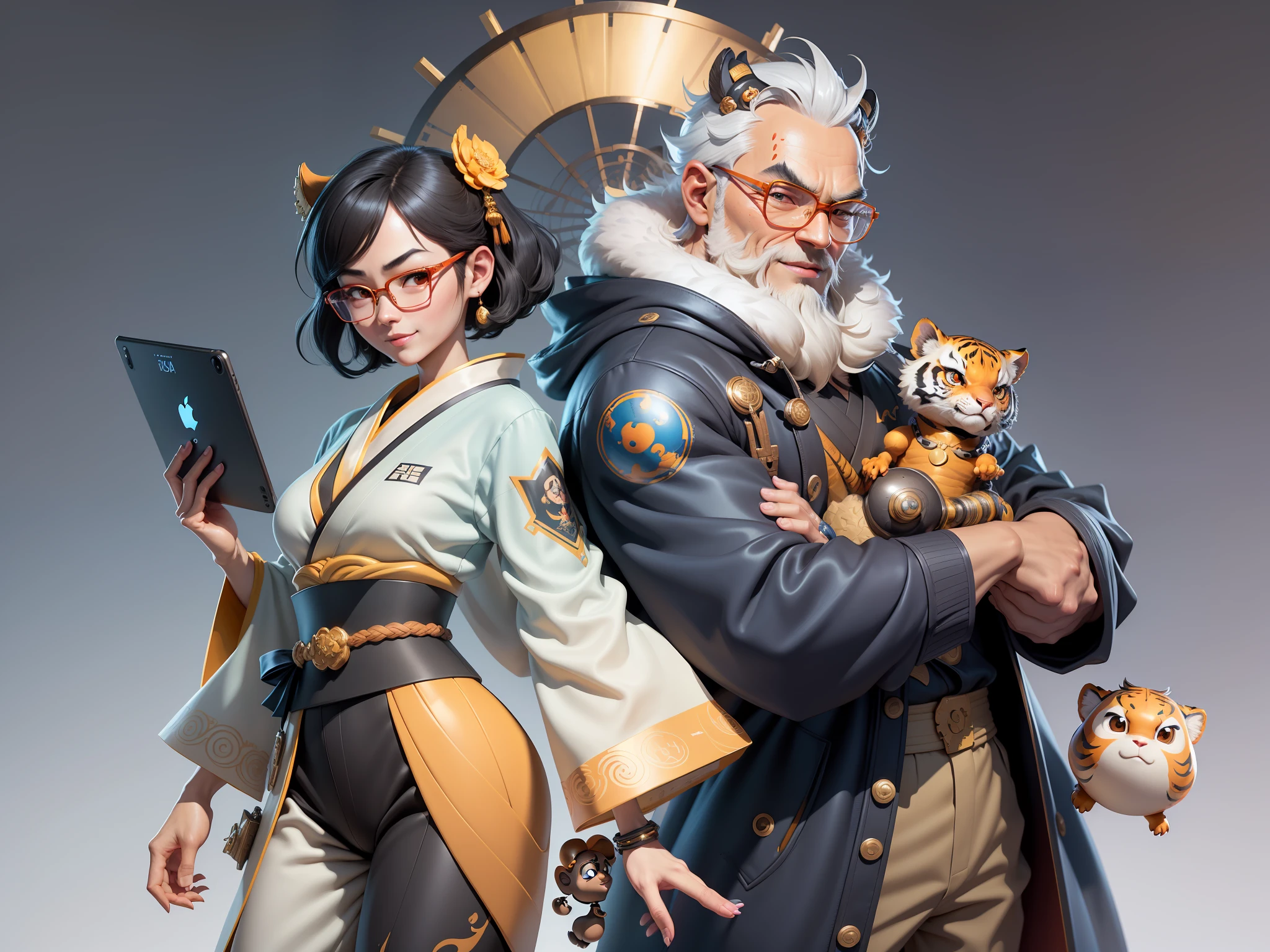 (Masterpiece), (Excellent), (Super Meticulous), (Full Body: 1.2), Super Young Man with Japanese Female Geisha, Pretty, Beautiful, Chinese Dragon, Tiger, Wind God Thor, Sexy, Bursting, Oriental Face, TV Anchor, Bust Portrait Illustration, Black Suit, Blue Tie, Slightly Chubby Face, Silver Glasses, Very Clean Face, No Beard on Chin, Black Super Short Hair, Black Eyes, Confident Smile, 3c Computer Sub-Products, iPad, iPhone, Digital Painting, 3D character design by Mark Clairedon and Pixar and Hayao Miyazaki and Akira Toriyama, the illustrations are HD illustrations in 4K resolution with highly detailed facial features and cartoon-style visuals.