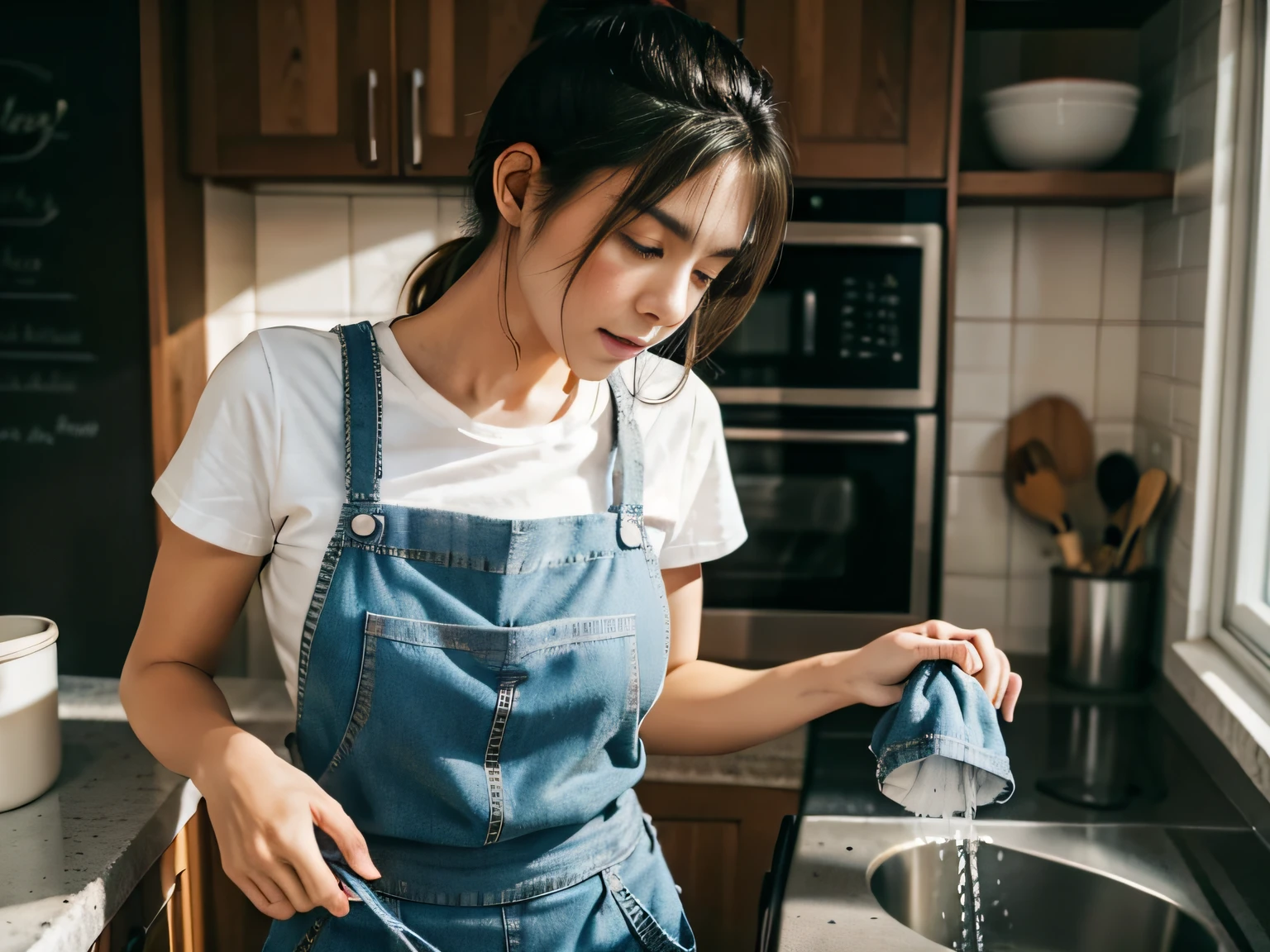1 woman，tee shirt，denim pant，aprons，at the kitchen，In washing dishes，sface focus
