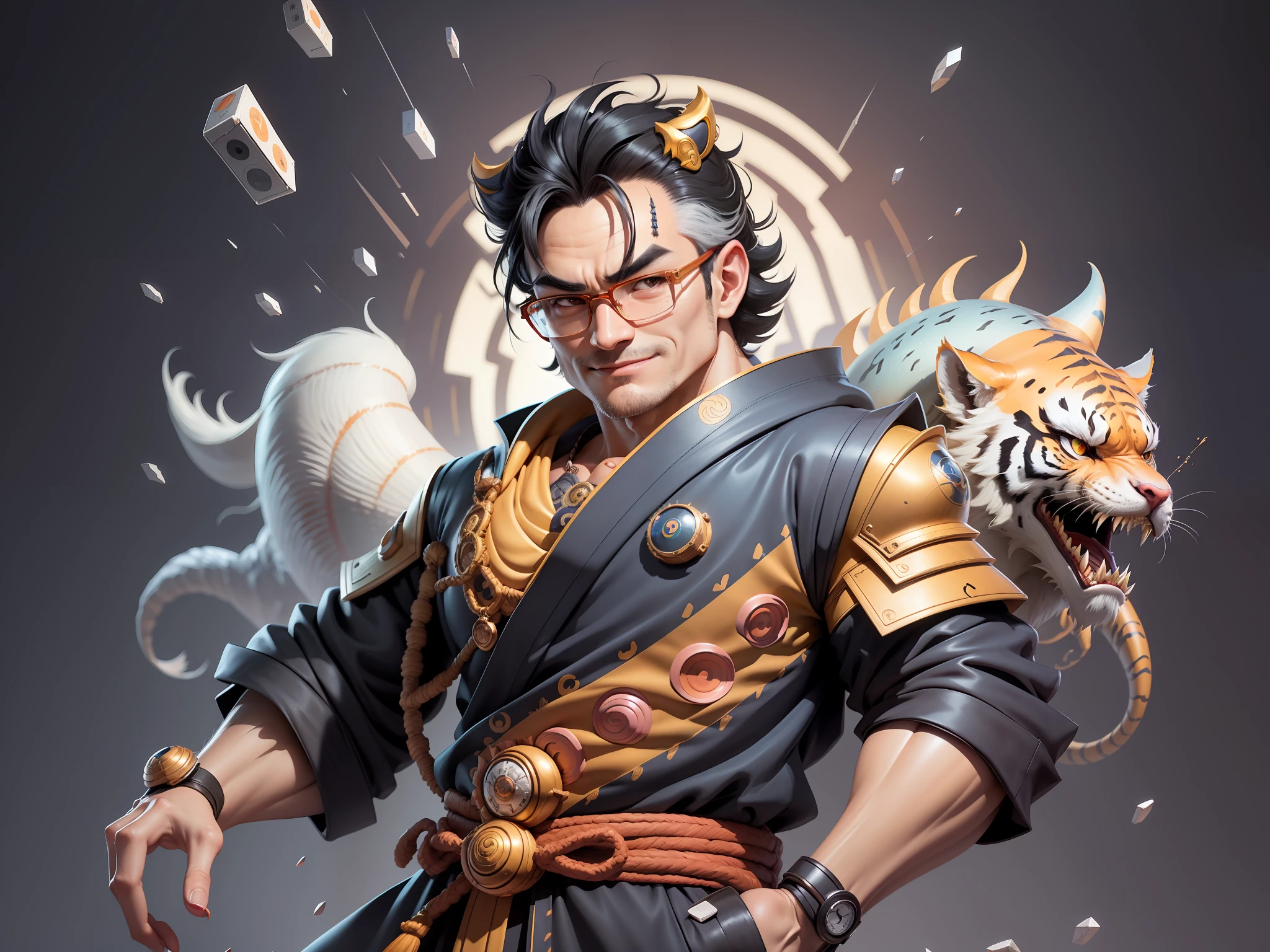 (Masterpiece), (Excellent), (Super Meticulous), (Full Body: 1.2), Super Young Man with Japanese Female Geisha, Pretty, Beautiful, Chinese Dragon, Tiger, Wind God Thor, Sexy, Bursting, Oriental Face, TV Anchor, Bust Portrait Illustration, Black Suit, Blue Tie, Slightly Chubby Face, Silver Glasses, Very Clean Face, No Beard on Chin, Black Super Short Hair, Black Eyes, Confident Smile, 3c Computer Sub-Products, iPad, iPhone, Digital Painting, 3D character design by Mark Clairedon and Pixar and Hayao Miyazaki and Akira Toriyama, the illustrations are HD illustrations in 4K resolution with highly detailed facial features and cartoon-style visuals.