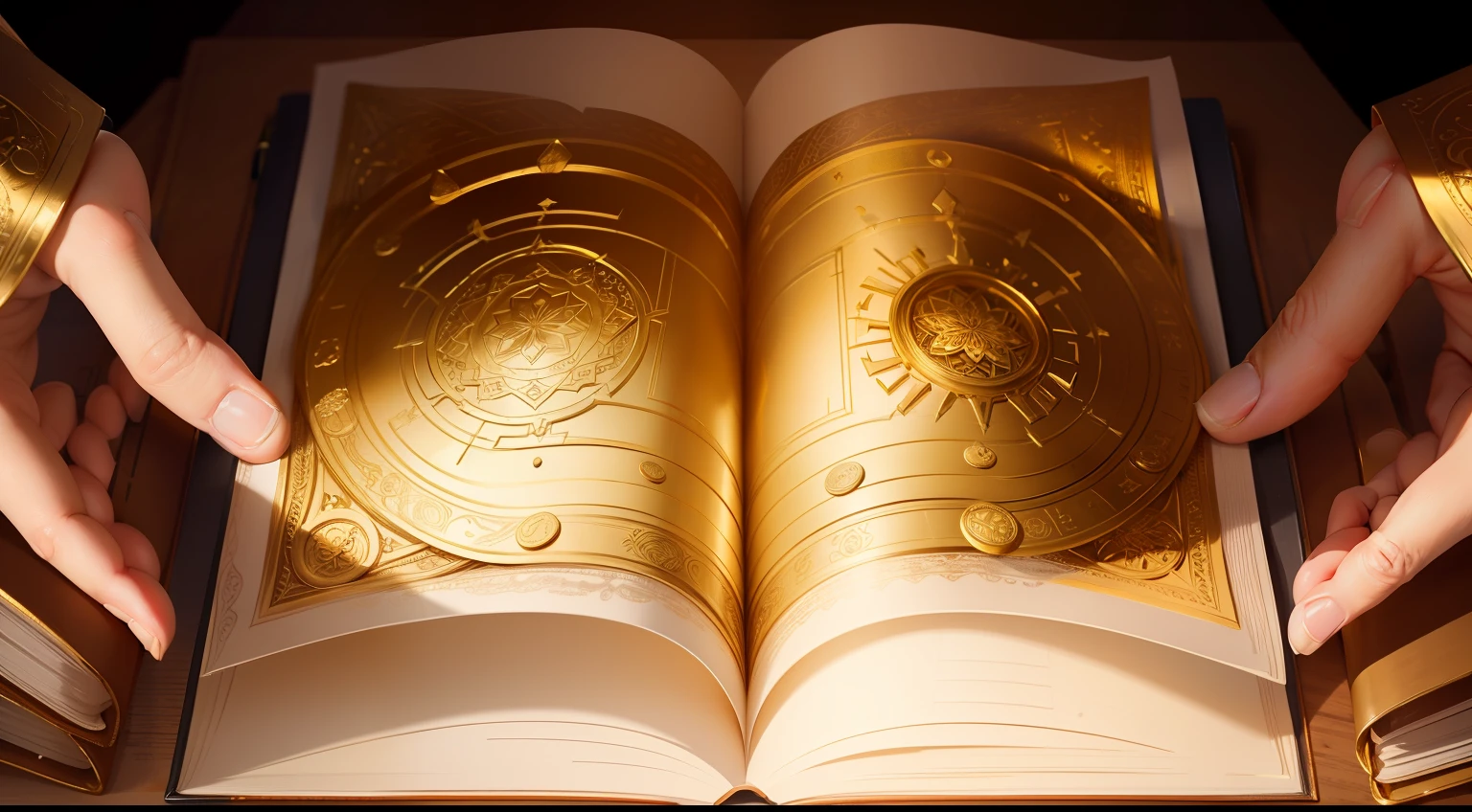 Ancient Golden Book open front in perspective for symmetrical camera gold coins scattered