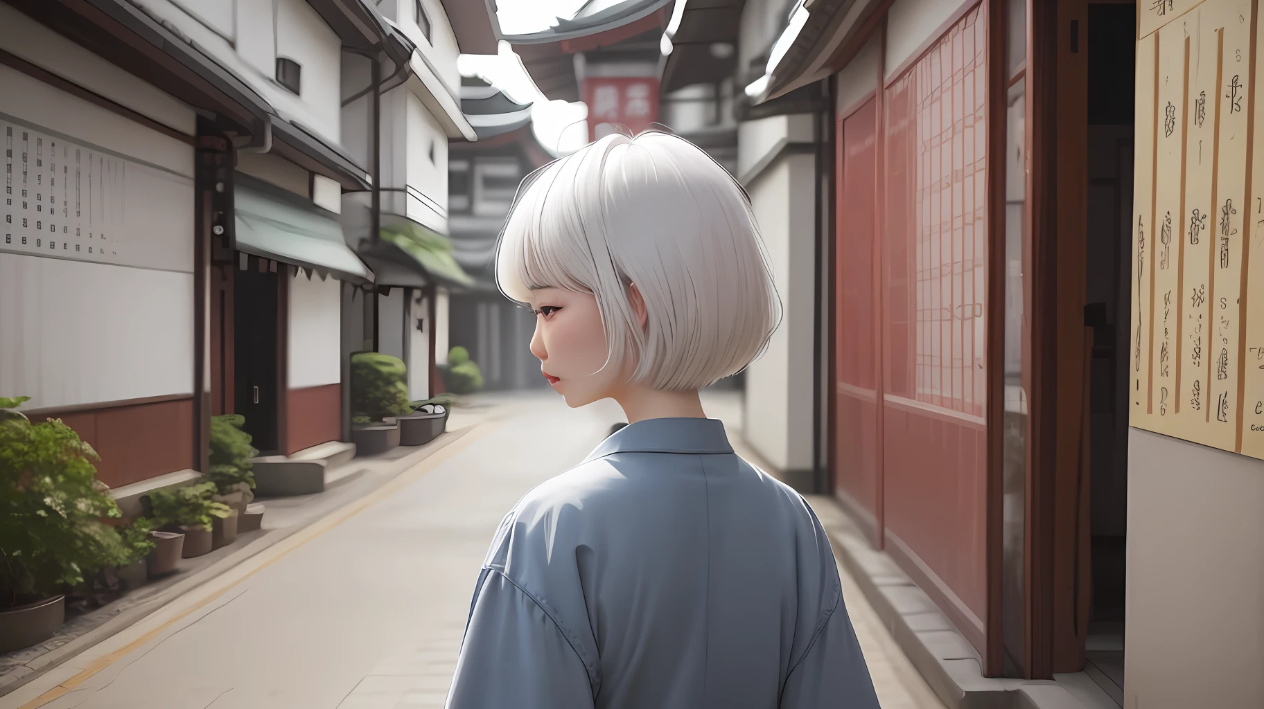 Short white hair asian woman