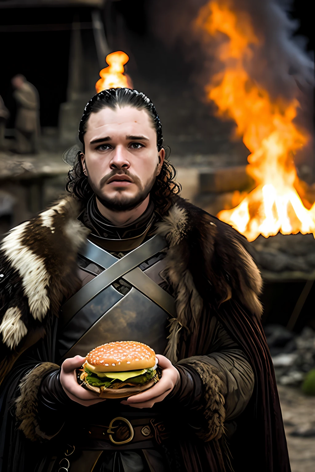 Game of Thrones, Jon Snow, Um close-up de, iluminado pela luz de um fogo, com um pano de fundo de um rio sujo e uma favela. Eating a hamburger