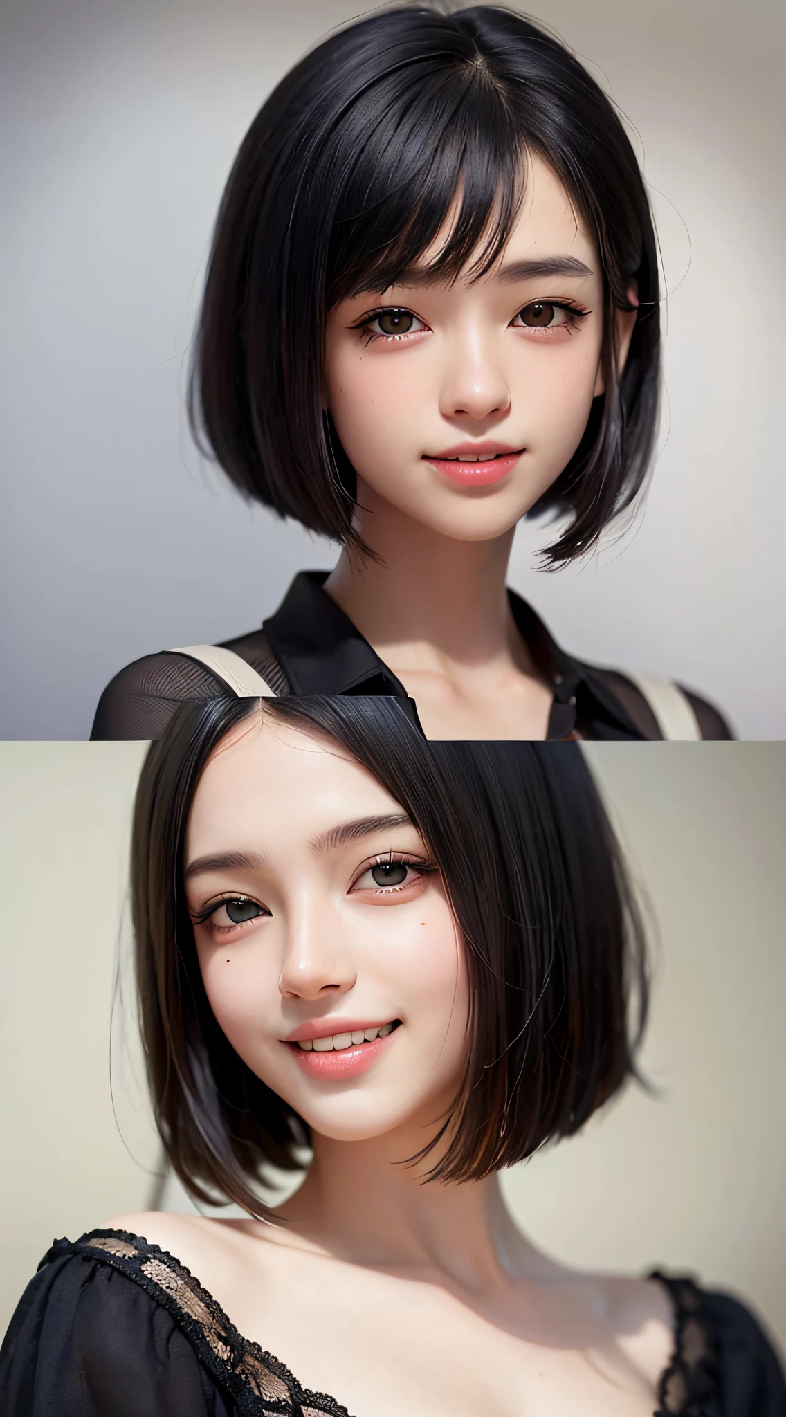 raw ((Portrait)), (Best Quality), (Realistic, Photorealsitic:1.3), Best Quality ,masutepiece, extremely delicate and beautiful, Extremely detailed ,nffsw ,Unity , 2k wallpaper, amazing, finely detail, masutepiece, Best Quality, Highly detailed ticker Unity 8k wallpaper, huge filesize , Ultra-detailed, hight resolution, Extremely detailed, 美丽的面容., Clean face,
1girl in, Japanese, 年轻, (((13years))), (((A smile))), (((a junior high school student))), (bangss),(eats), (((Short bob cut))), (((up of face))),