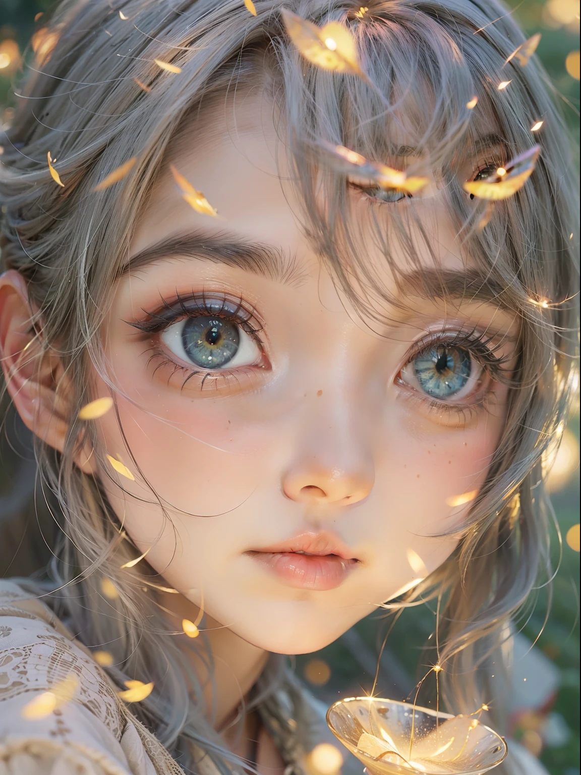 bit girl，There are large tracts of fireflies，Summer is coming to an end，On the lawn，evening light，Skysky，Faraway view，Hand detail，detail in face，plethora of colors