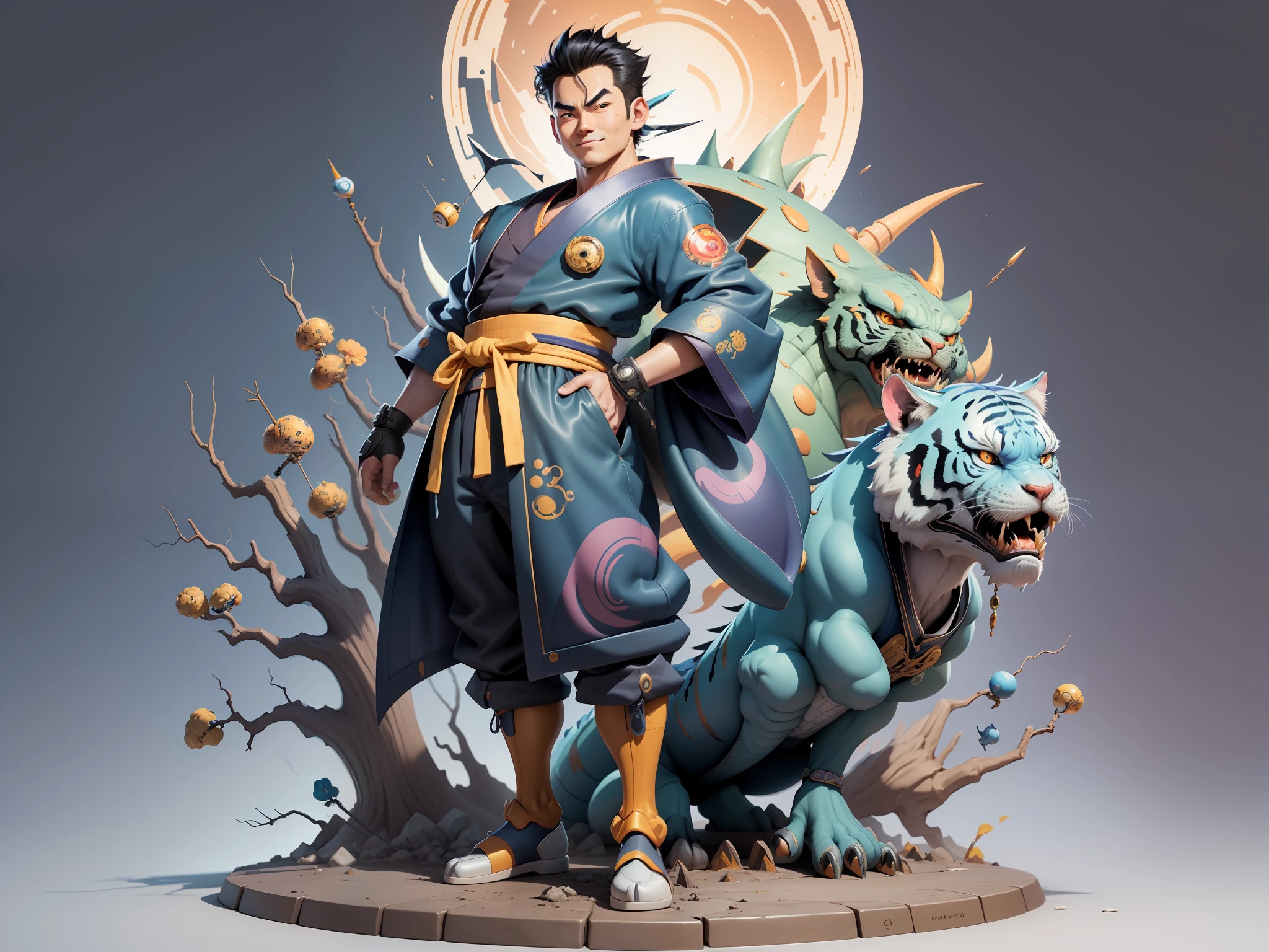 (Masterpiece), (Excellent), (Super Meticulous), (Full Body: 1.2), Super Young Man, Oriental Face, Japanese Kimono, Japanese Wind Thunder God, Dragon, Tiger, TV Anchor, Bust Portrait Illustration, Alone, Black Suit, Blue Tie, Slightly Chubby Face, Very Clean Face, No Beard, Black Super Short Hair, Black Eyes, Confident Smile, 3c Computer Sub-Products, iPad, iPhone, Digital Painting, 3D Character Design by Akira Toriyama and Mark Claireden and Pixar and Hayao Miyazaki, The illustration is a high-definition illustration in 4K resolution with very detailed facial features and cartoon-style visuals.