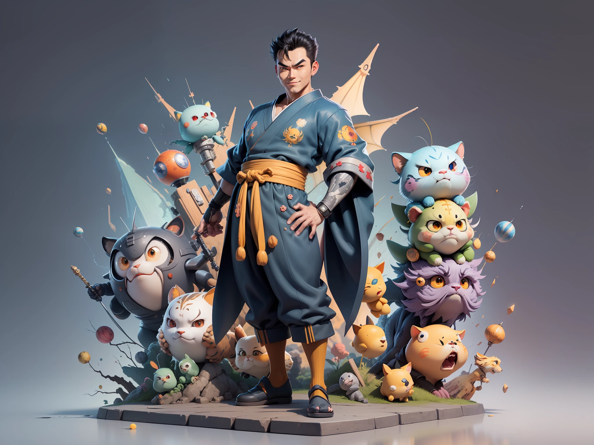 (Masterpiece), (Excellent), (Super Meticulous), (Full Body: 1.2), Super Young Man, Oriental Face, Japanese Kimono, Japanese Wind Thunder God, Dragon, Tiger, TV Anchor, Bust Portrait Illustration, Alone, Black Suit, Blue Tie, Slightly Chubby Face, Very Clean Face, No Beard, Black Super Short Hair, Black Eyes, Confident Smile, 3c Computer Sub-Products, iPad, iPhone, Digital Painting, 3D Character Design by Akira Toriyama and Mark Claireden and Pixar and Hayao Miyazaki, The illustration is a high-definition illustration in 4K resolution with very detailed facial features and cartoon-style visuals.