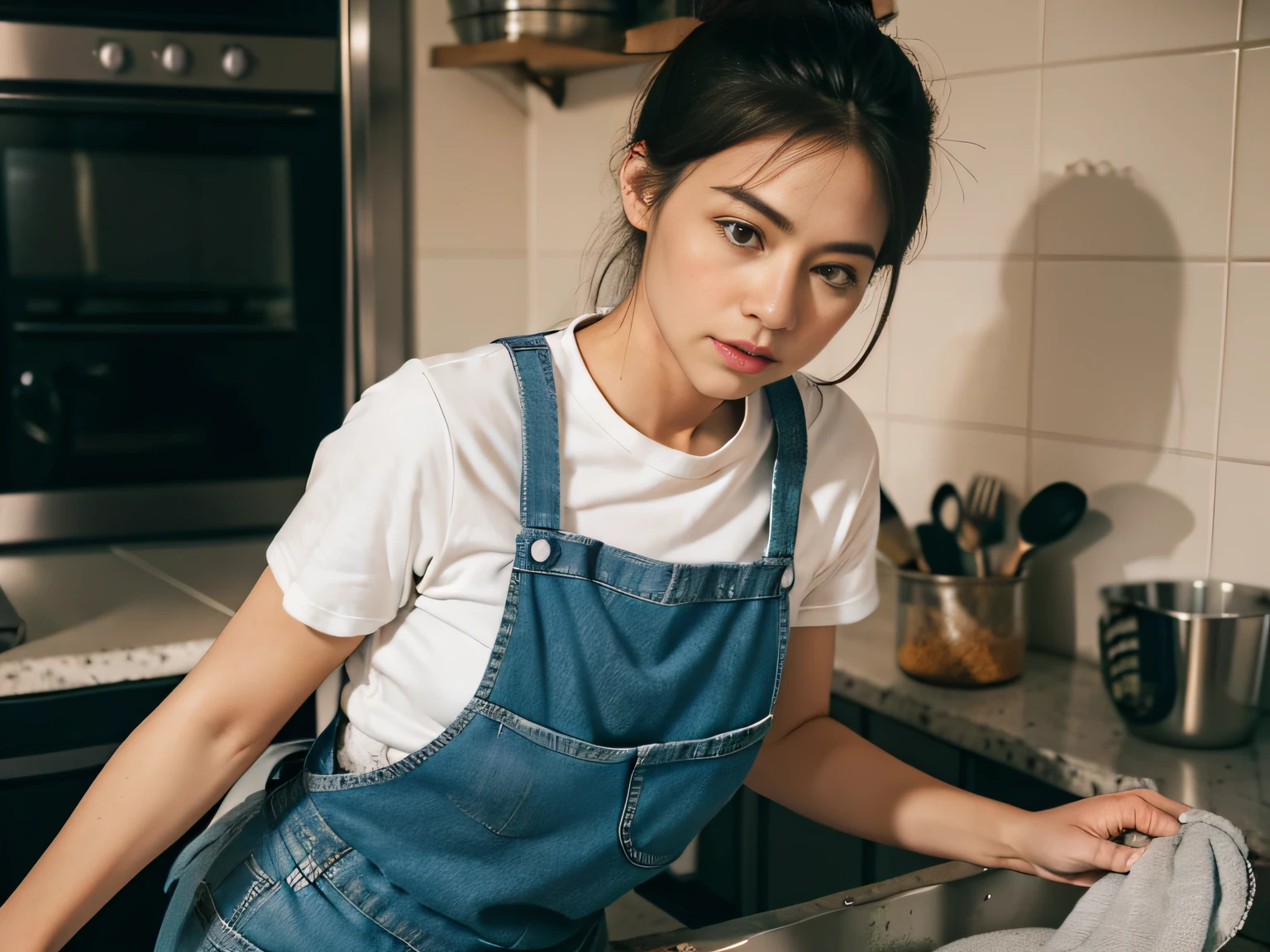 1 woman,tee shirt,denim pant,aprons,at the kitchen,In washing dishes,sface focus