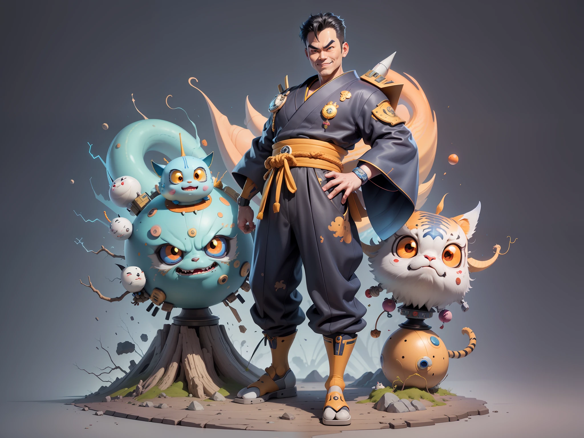 (Masterpiece), (Excellent), (Super Meticulous), (Full Body: 1.2), Super Young Man, Oriental Face, Japanese Kimono, Japanese Wind Thunder God, Dragon, Tiger, TV Anchor, Bust Portrait Illustration, Alone, Black Suit, Blue Tie, Slightly Chubby Face, Very Clean Face, No Beard, Black Super Short Hair, Black Eyes, Confident Smile, 3c Computer Sub-Products, iPad, iPhone, Digital Painting, 3D Character Design by Akira Toriyama and Mark Claireden and Pixar and Hayao Miyazaki, The illustration is a high-definition illustration in 4K resolution with very detailed facial features and cartoon-style visuals.