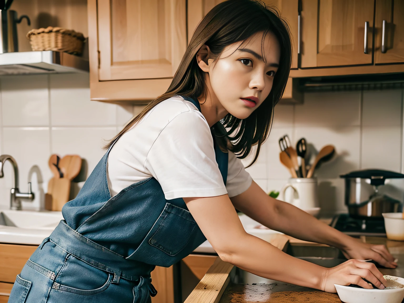 1 woman，tee shirt，denim pant，aprons，at the kitchen，In washing dishes，sface focus
