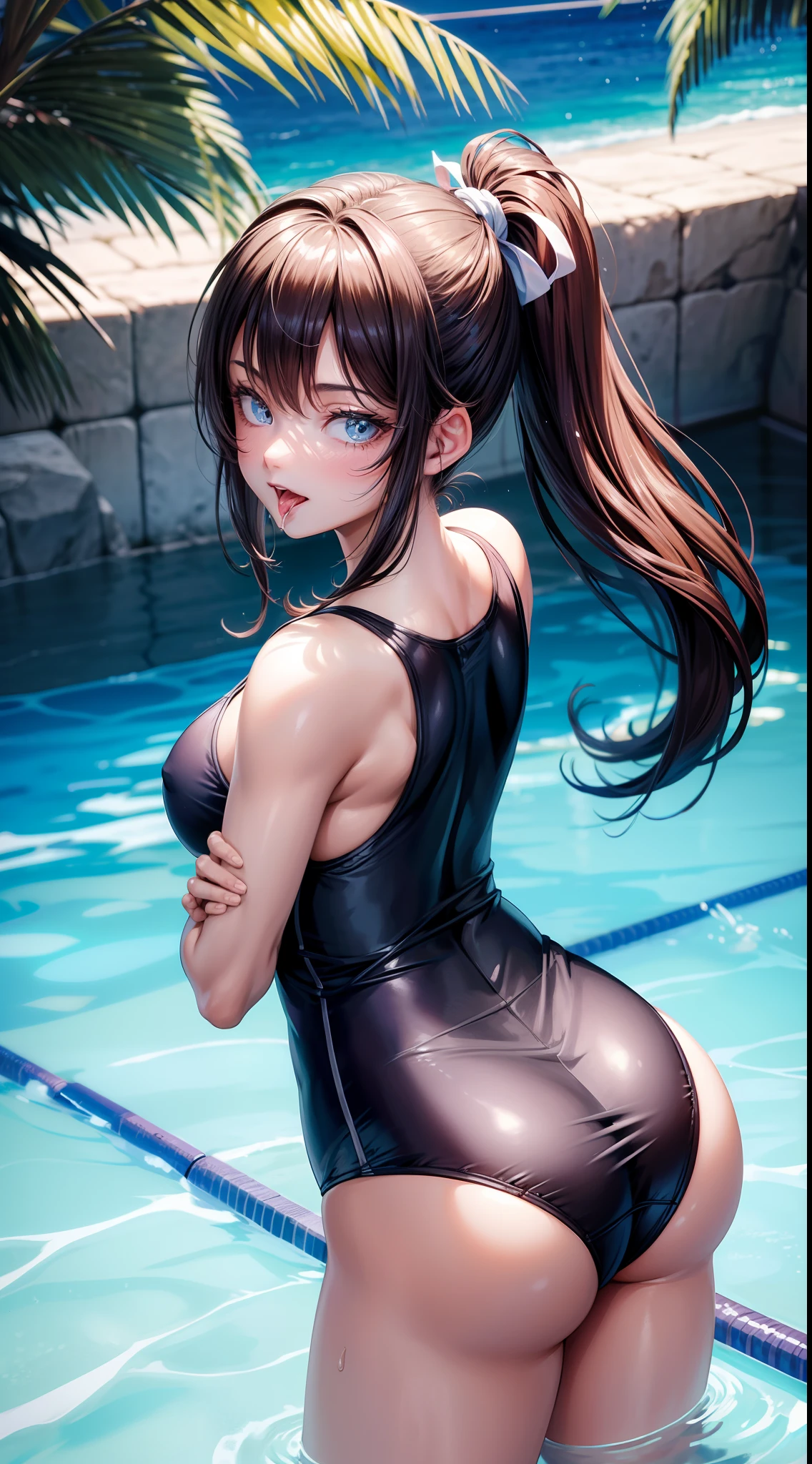 Bela, obra prima, extremamente detalhado, melhor qualidade, best ilumination, melhor sombra, rosto perfeito, olhos brilhantes, cabelos vermelhos, Japanese school swimsuit, 1 girl, sensual, dinamic pose, various angles, pele clara, piscina, boia salva vidas, Showing the tongue, drooling tongue, peitos grandes, bunda grande, de costas, ass towards the viewer,