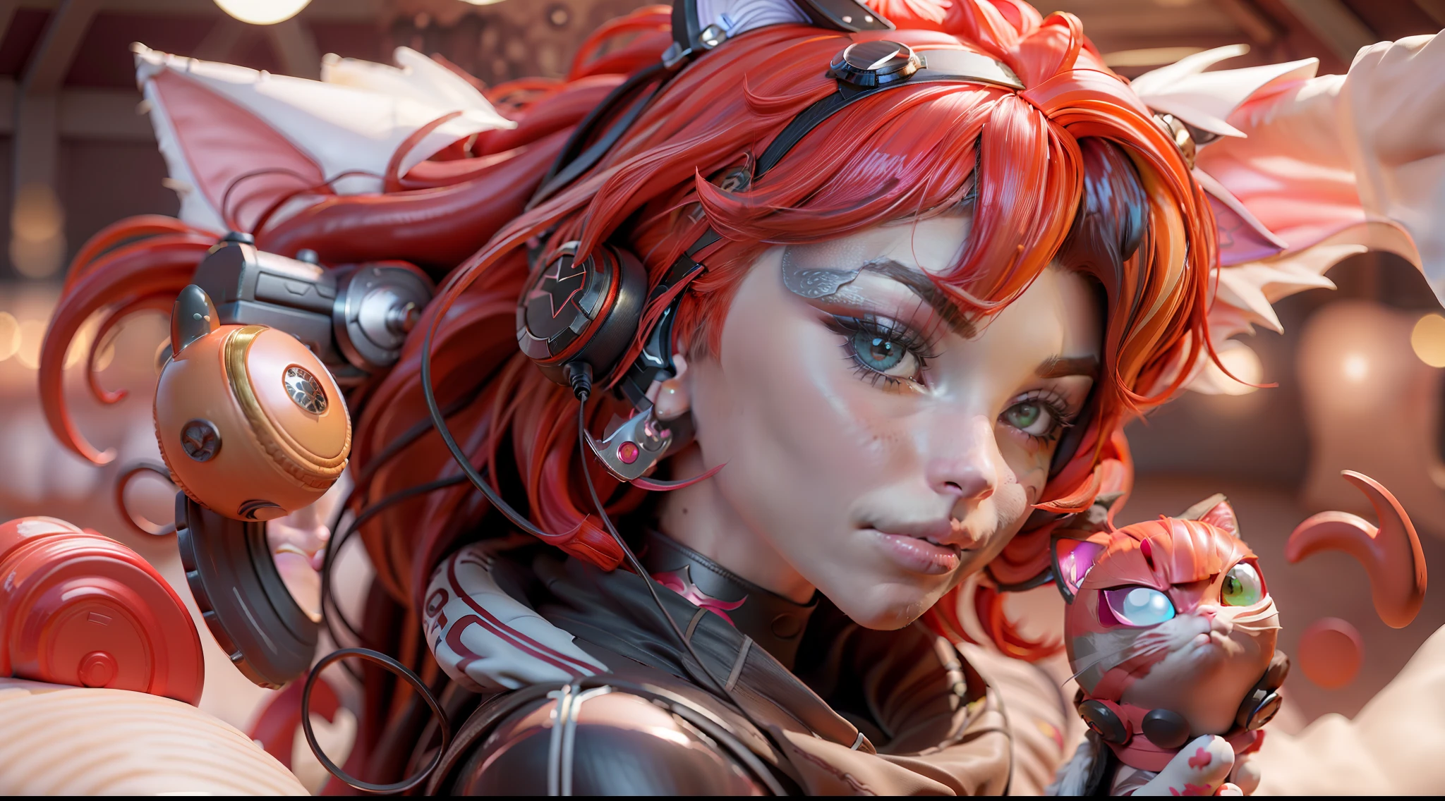 Red hair, Mask, hairpods, goggles, Heterochromia, Earrings, Cat ear headphones, Bored, stereograms, surrealism, stereograms, zoom layer, in a panoramic view, From the side Side, Bokeh, hyper HD, Super detail, High quality, High details, A high resolution, 16k, 16k, 8K