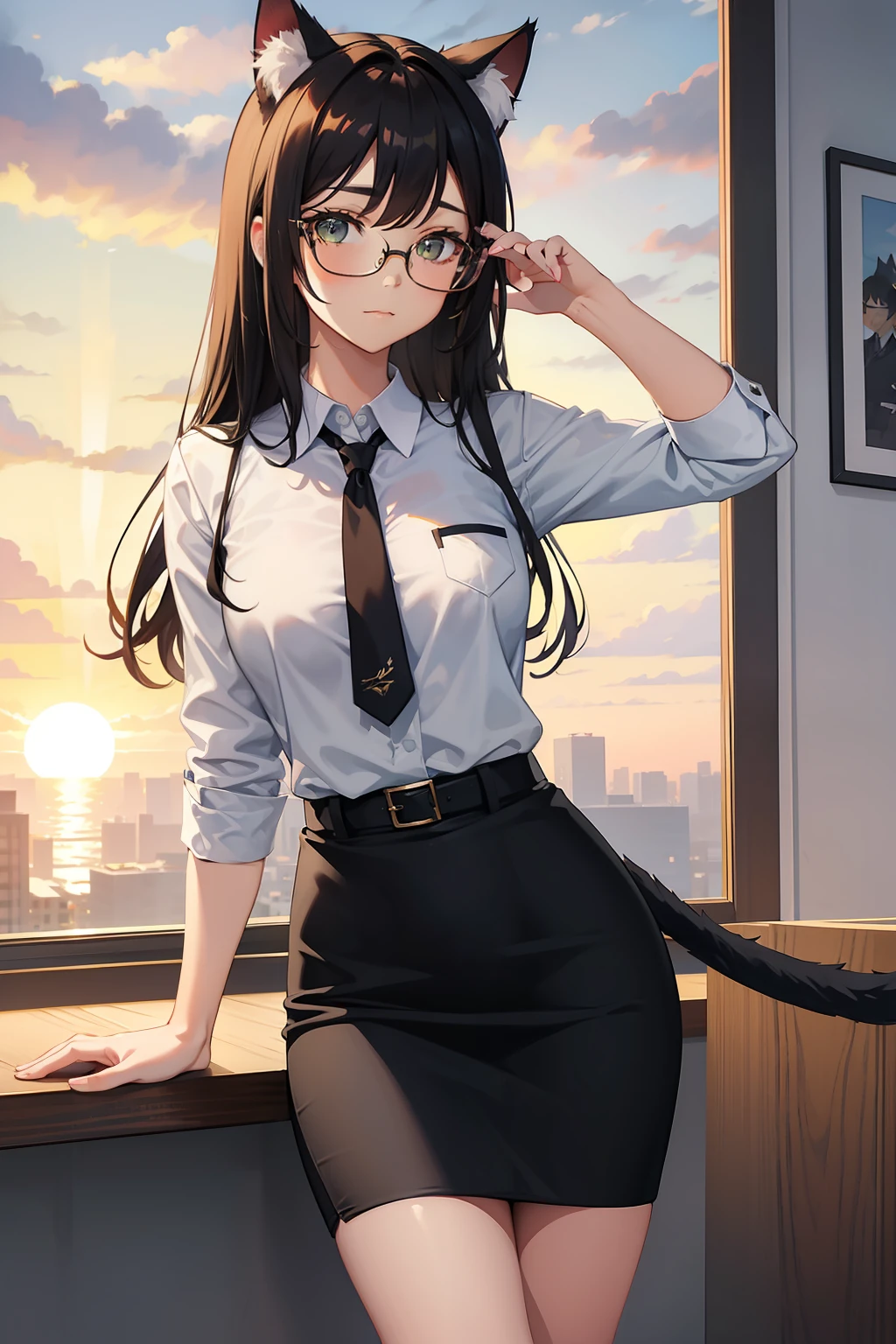 fantasy, cat ear, cat tails, office uniform, secretary, black short pencil skirt, glasses, sunset