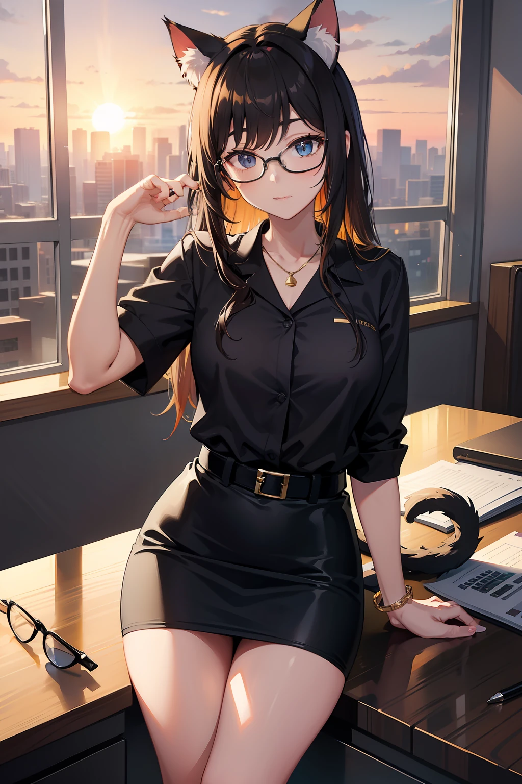 fantasy, cat ear, cat tails, office uniform, secretary, black short pencil skirt, glasses, sunset
