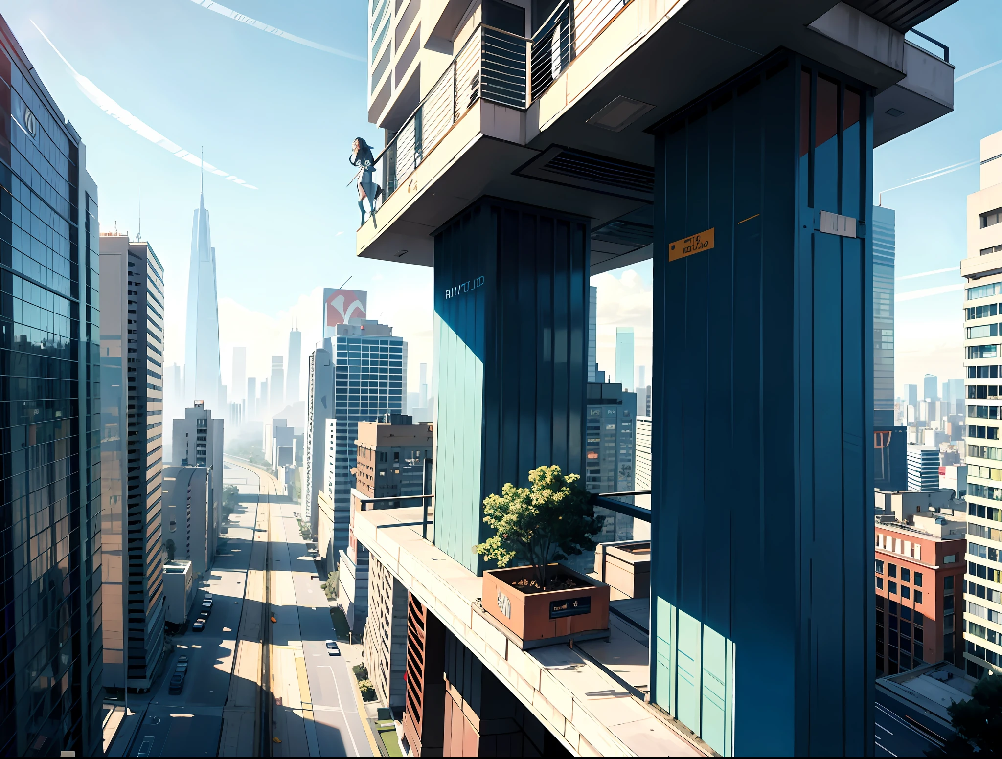 Vista aerea de uma quarto cidade grande e futurista em um dia ensolarado, Apartmentos altos e brilhantes sci-fi NEO - Noir Setup, Situated in a metropolis, matte painting neon cinematic matte painting, sunny streets with green plants and tall bridges on the great walls of skyscrapers, O apartamento sci-fi da Cidade grande de dia e com muito movimento nas ruas de pessoas robos e carros voadores, Como uma cena de Blade Runner de dia, dia ade céu azul Aesthetics of fiction variations of blue skies and days with many buildings and streets bridges and high viaducts add ultra realism in the matte ´painting