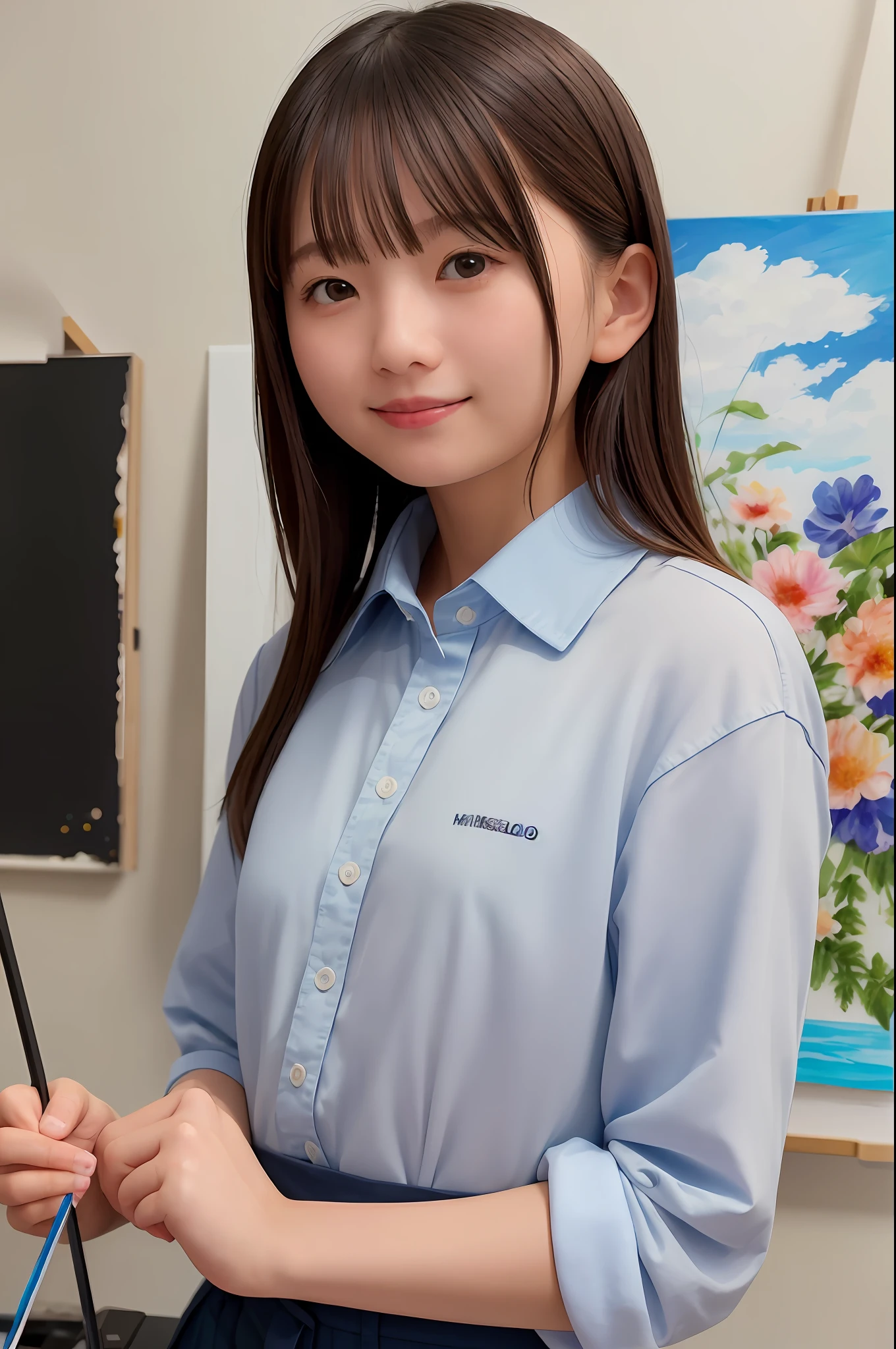 (8K、top-quality、masterpiece:1.2)、(realisitic、Photorealsitic:1.37)、ultra-detailliert、1girl in、cute little、独奏、Beautiful detail sky、Detailed café、(a smile:1.15)、beautiful finely detailed eyes、(shirt with collar:1.1)、business clothes、White lace、(short-hair:1.2)、Floating Hair NovaFrog Style、up close shot、medium shot、Random Shots、(((Art Classes)))
