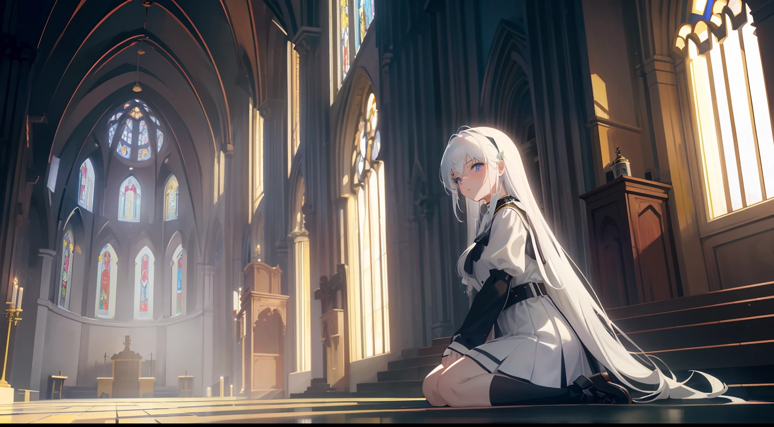 high quality,best quality,8k wallpaper,depth of filed,Tyndall effect,(master piece),dramatic angle,detailed face,a girl on her knees on the ground of church,god light,gothic church background,anime girl,white hair,goled eyes,wearing a cambic shirt,a black leg loop on her left thigh,