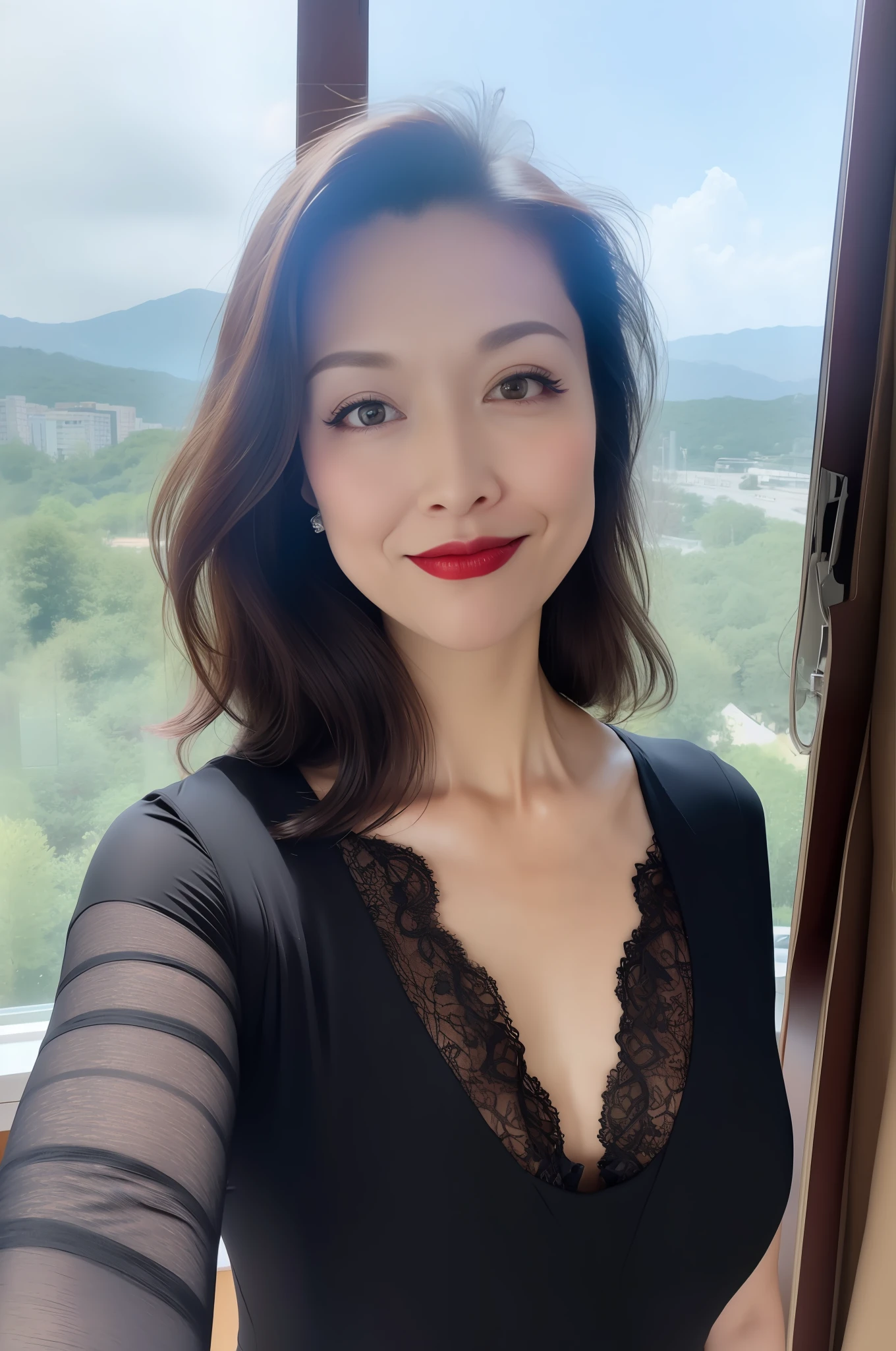1woman, Highly detailed 8k wallpaper), sharp focus, detailed, dramatic, delicate and beautiful Woman, (perky uplifted breasts:1.1), cleavage, chic lace embossed business dress, Half Butterfly Earrings, Double Ring Necklace, (Evil Smile:1.05), (45 years old, : 1.4), (Heavy, Fat Body: 1.4), Makeup, (Lipstick: 1.1), (Eyeliner: 1.2), Mascara, Eyeshadow, Wavy Hair, Dynamic Angle, ( plus size model), (red lips)graphics beautiful, Modern office with a view, wide windows, show your whole body, standing by window,